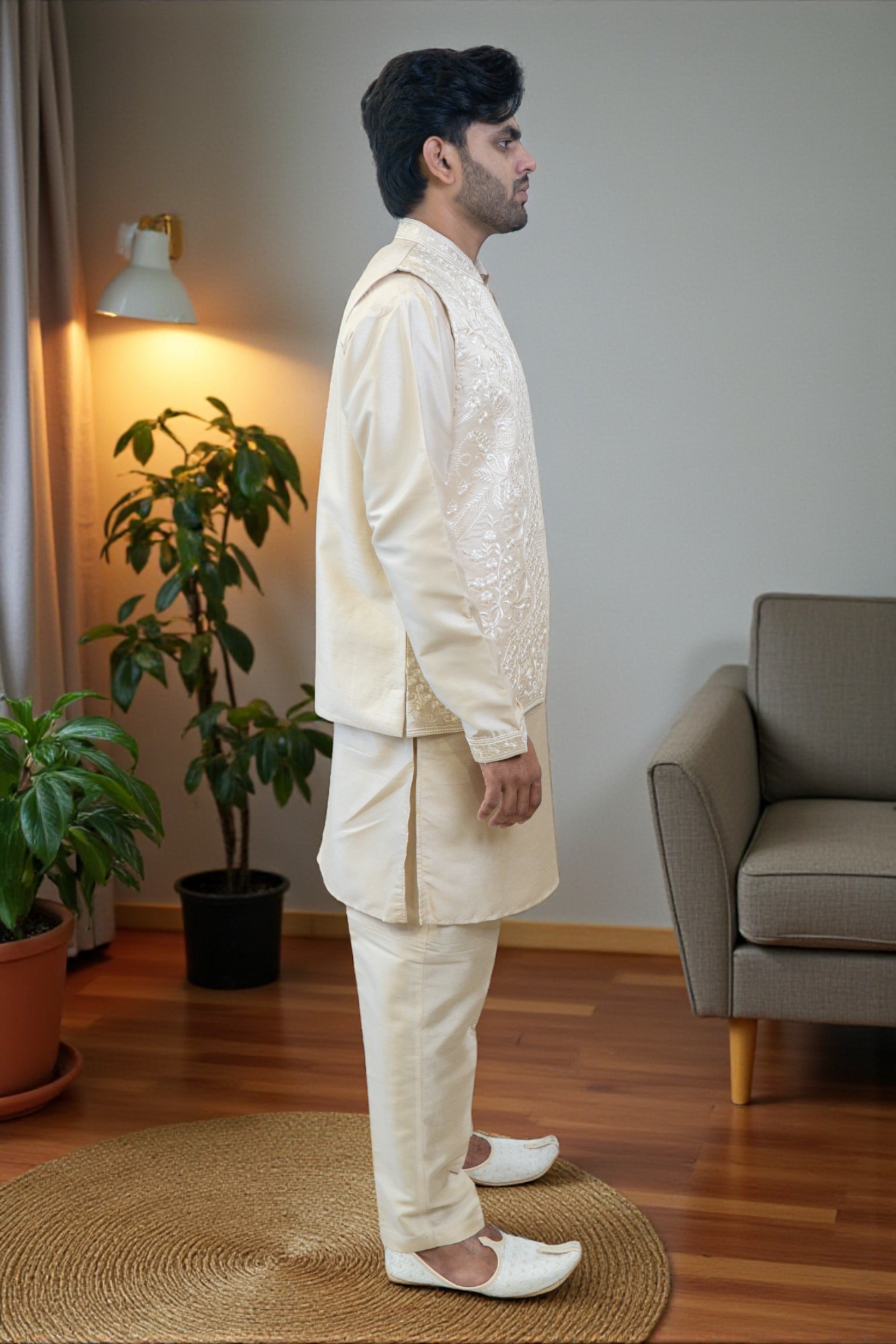 Golden Kurta Jacket Set – Full Embroidery - Image 3
