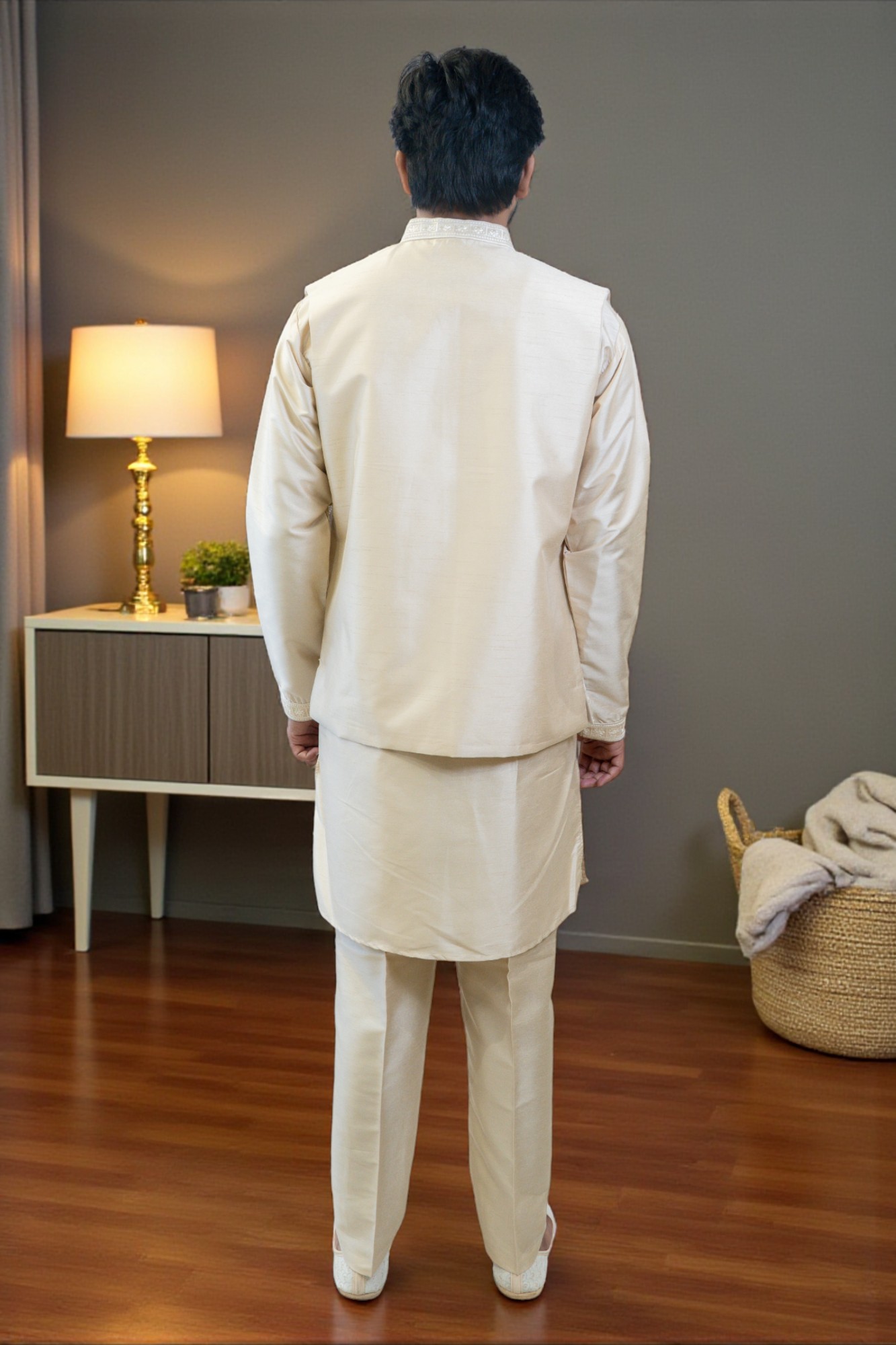 Golden Kurta Jacket Set – Full Embroidery - Image 5