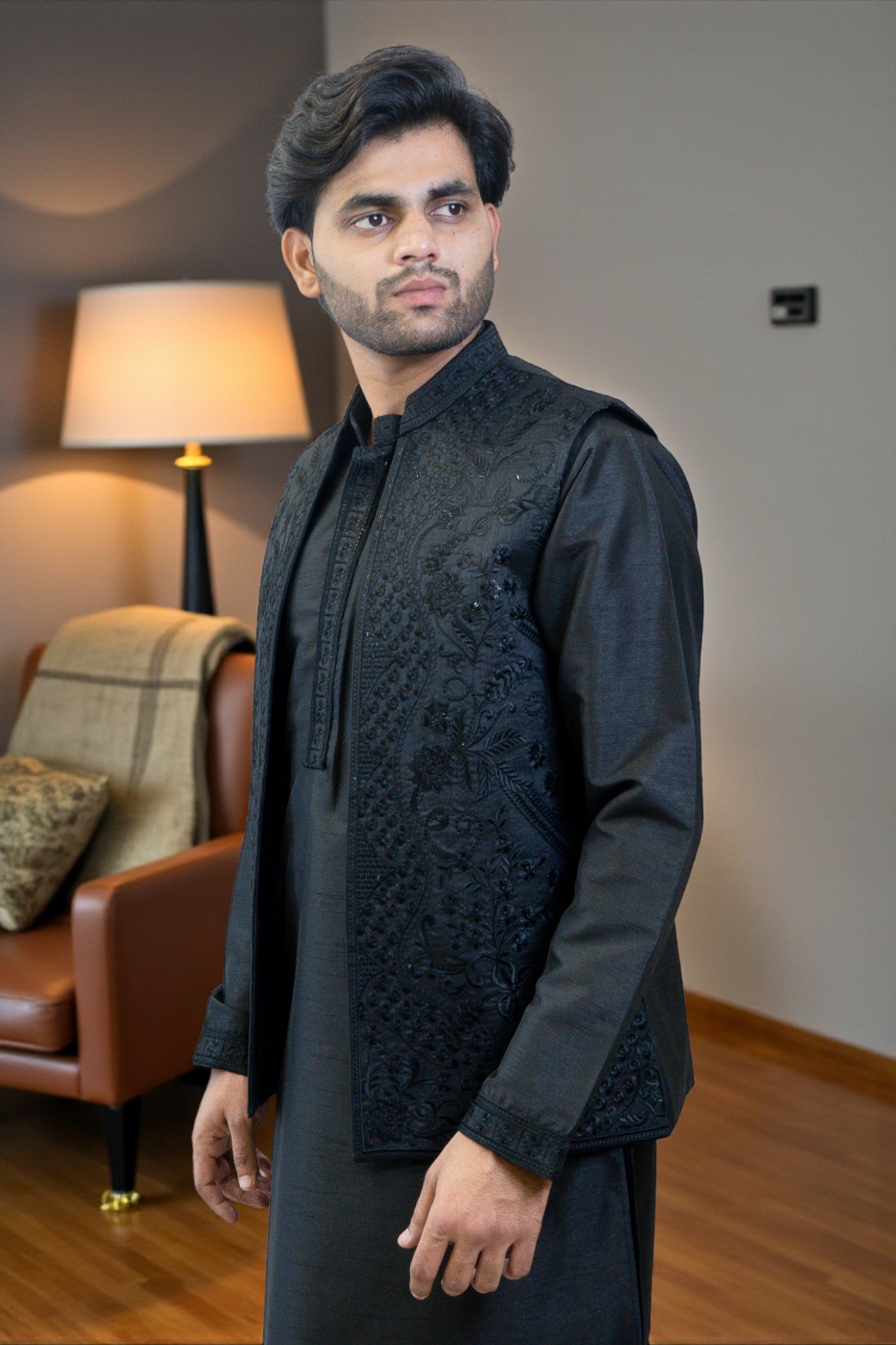 Black Kurta Jacket Set for Men