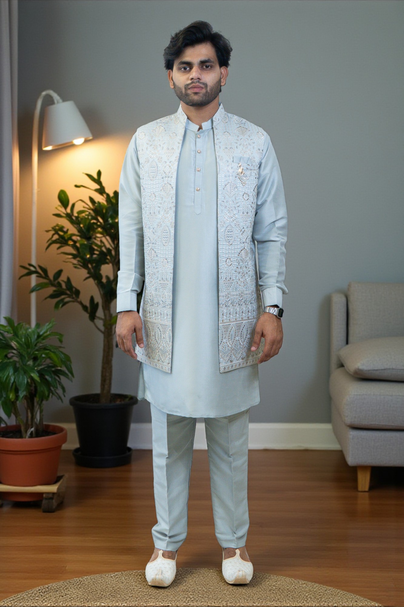Sky Blue Embroidered Kurta Jacket Set for Men - Image 3