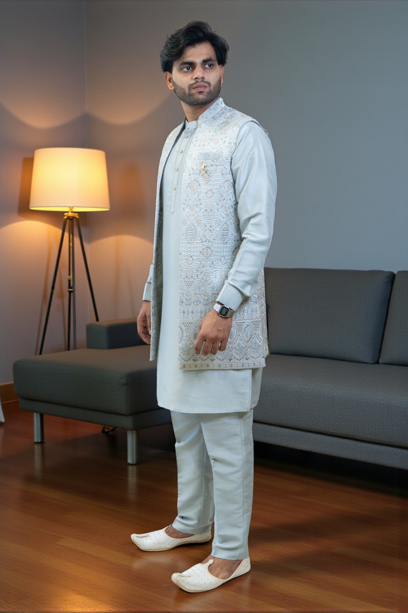 Sky Blue Embroidered Kurta Jacket Set for Men - Image 4