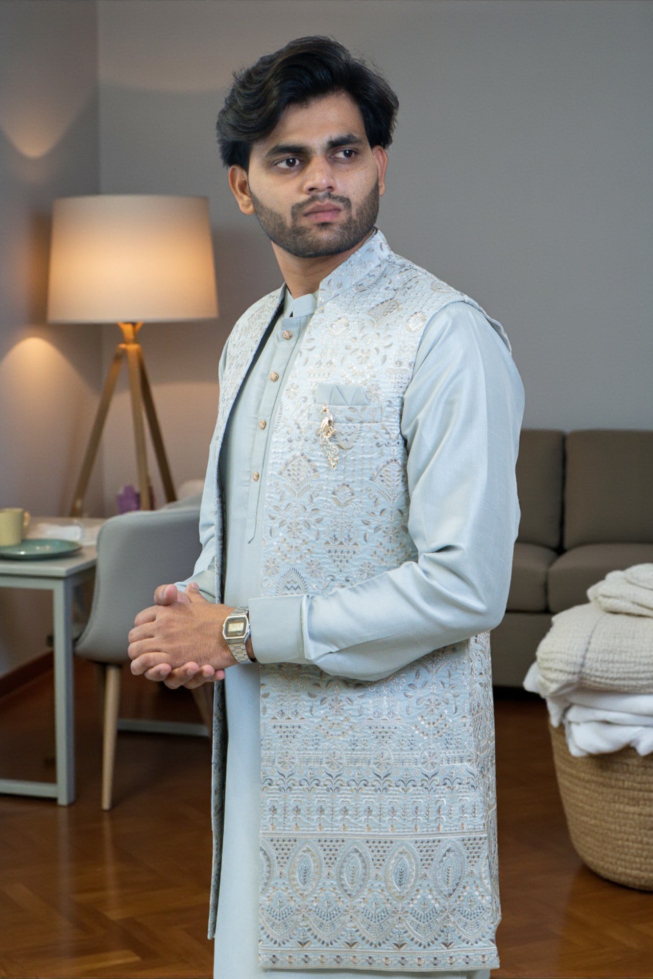 Sky Blue Embroidered Kurta Jacket Set for Men