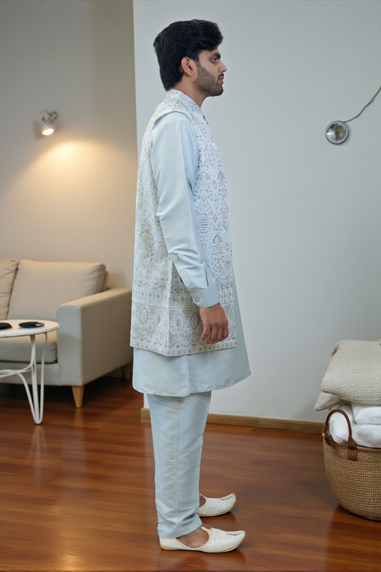 Sky Blue Embroidered Kurta Jacket Set for Men - Image 5