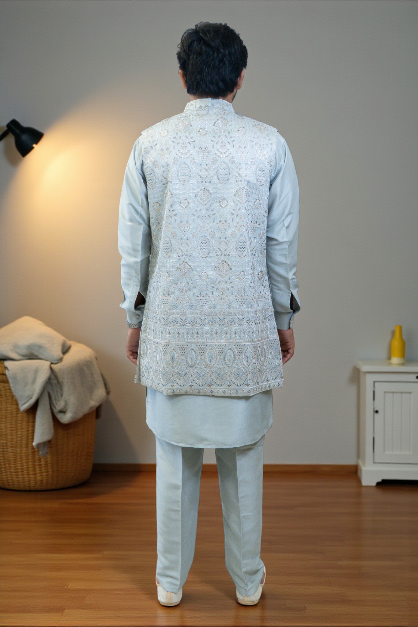 Sky Blue Embroidered Kurta Jacket Set for Men - Image 6