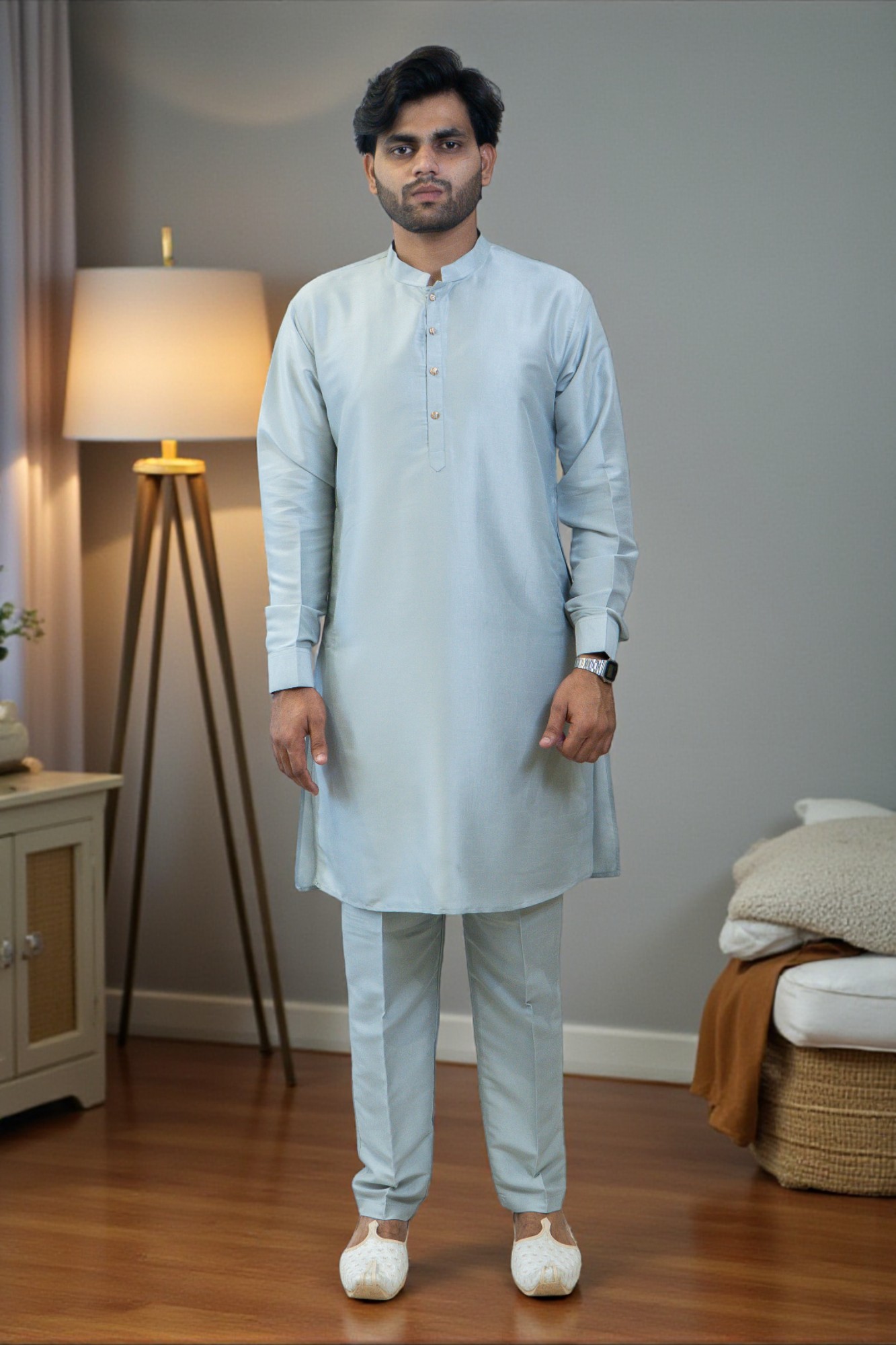 Sky Blue Embroidered Kurta Jacket Set for Men - Image 2