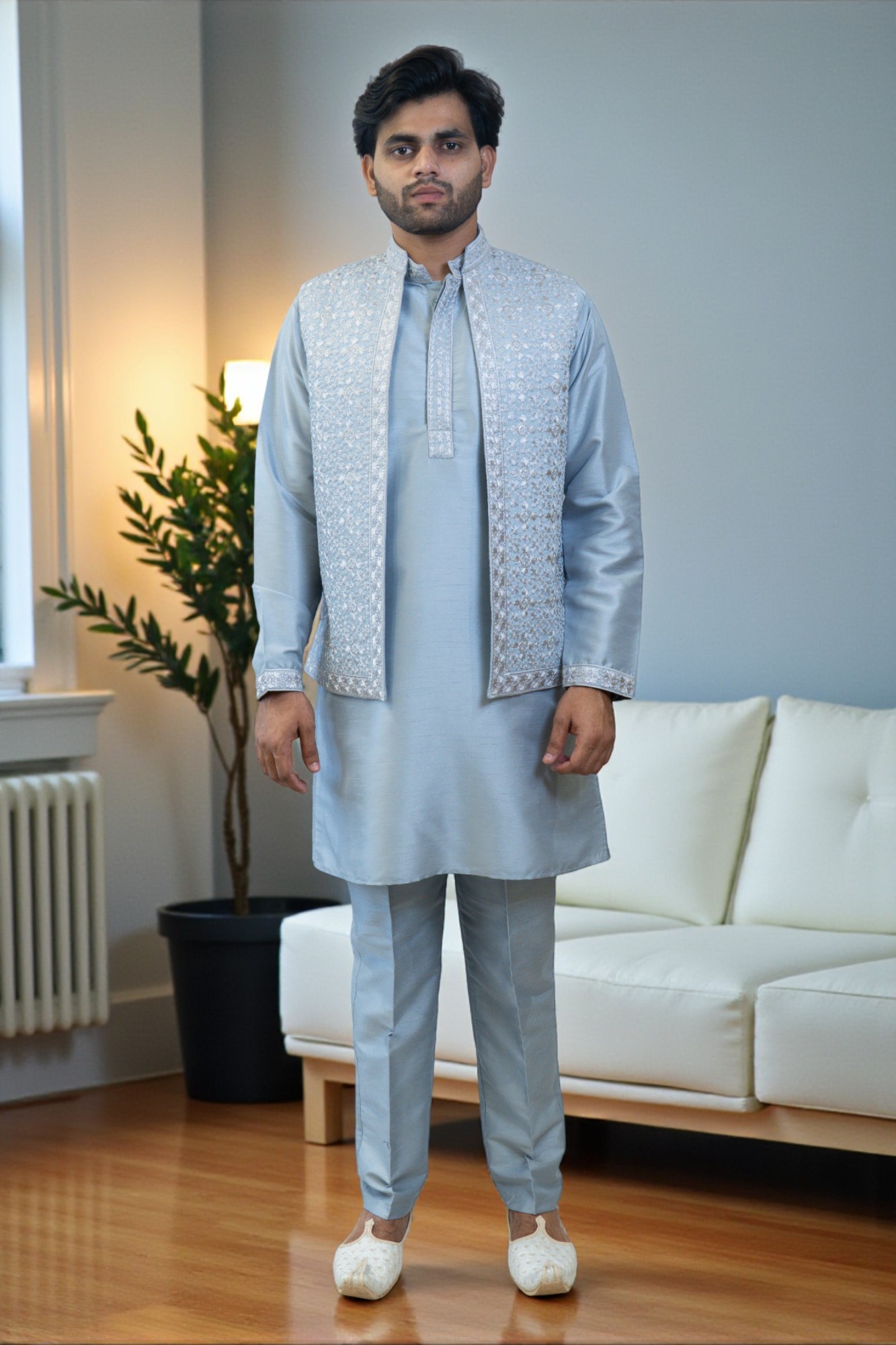 Light Sky Kurta Jacket Set for Men - Image 4