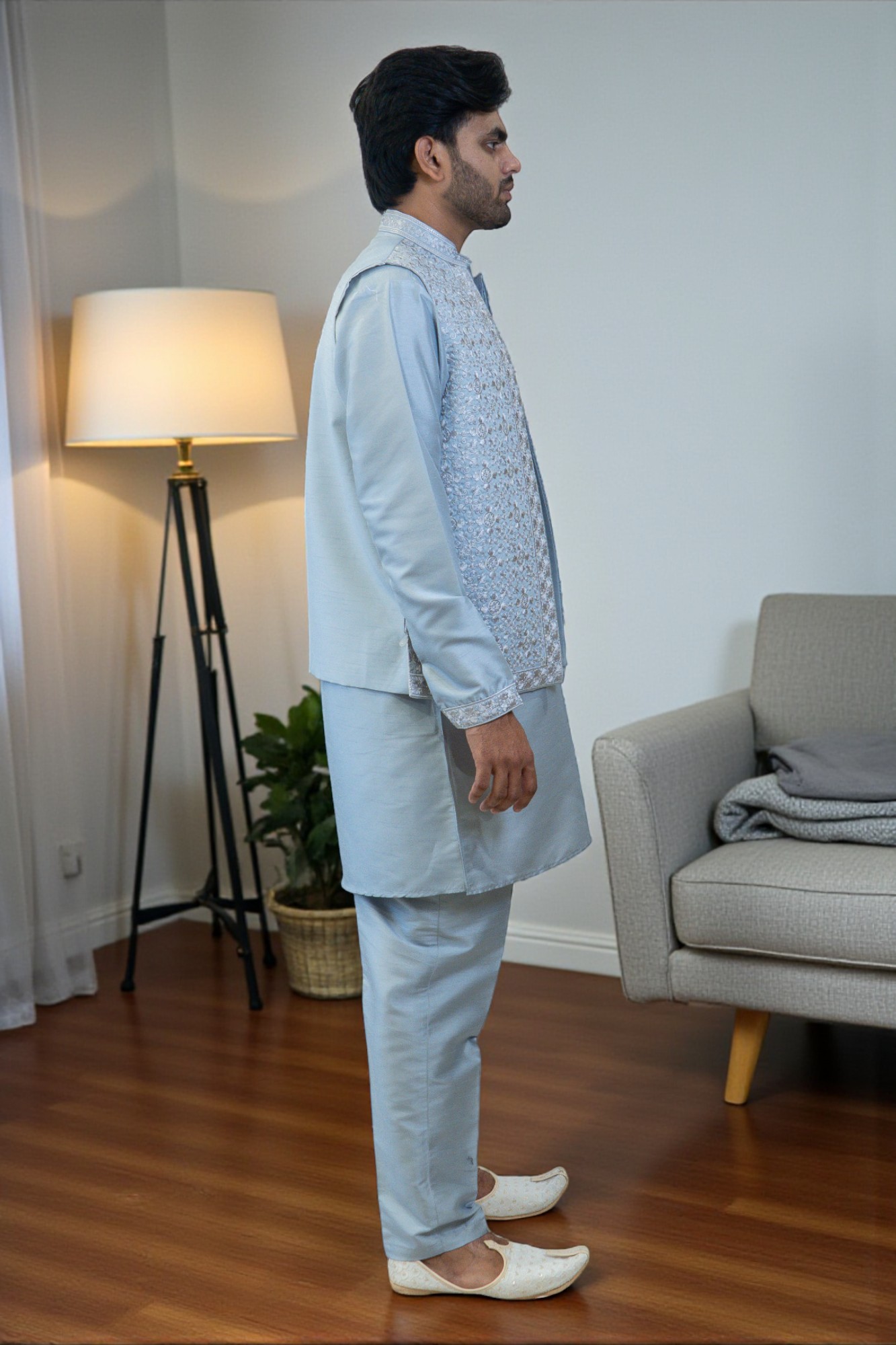 Light Sky Kurta Jacket Set for Men - Image 3