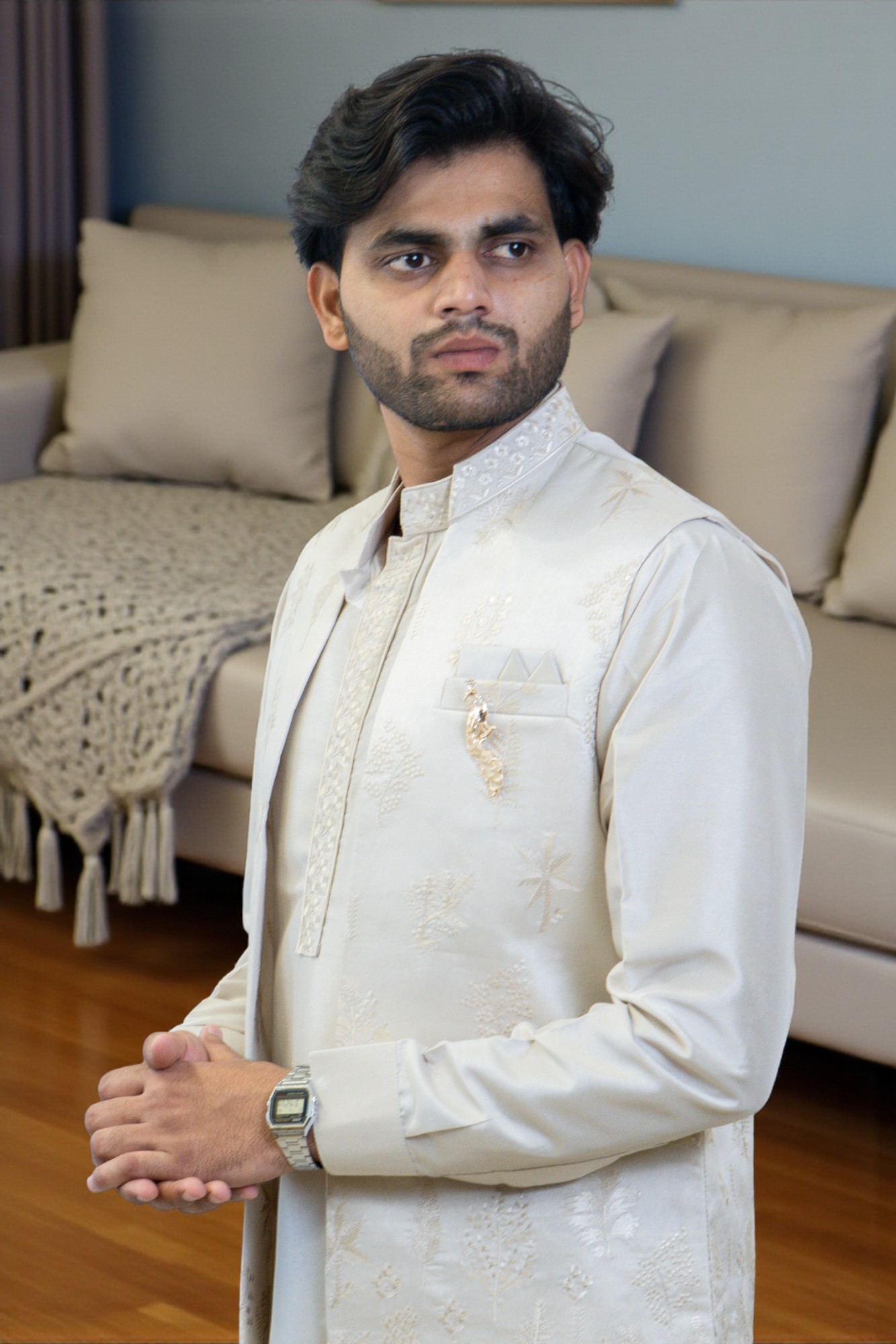 Light Golden Embroidered Kurta Jacket Set for Men