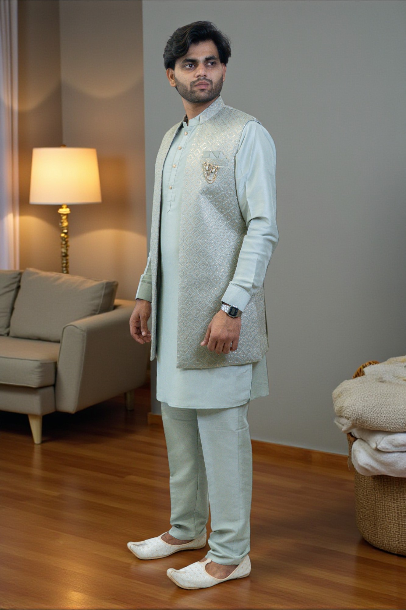 Men's Mint Green Kurta Jacket Set - Image 3
