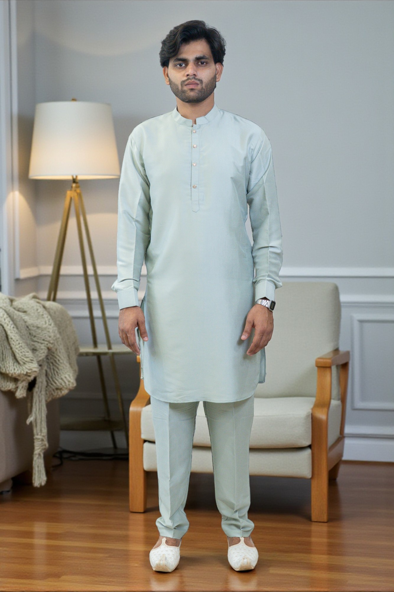 Men's Mint Green Kurta Jacket Set - Image 4