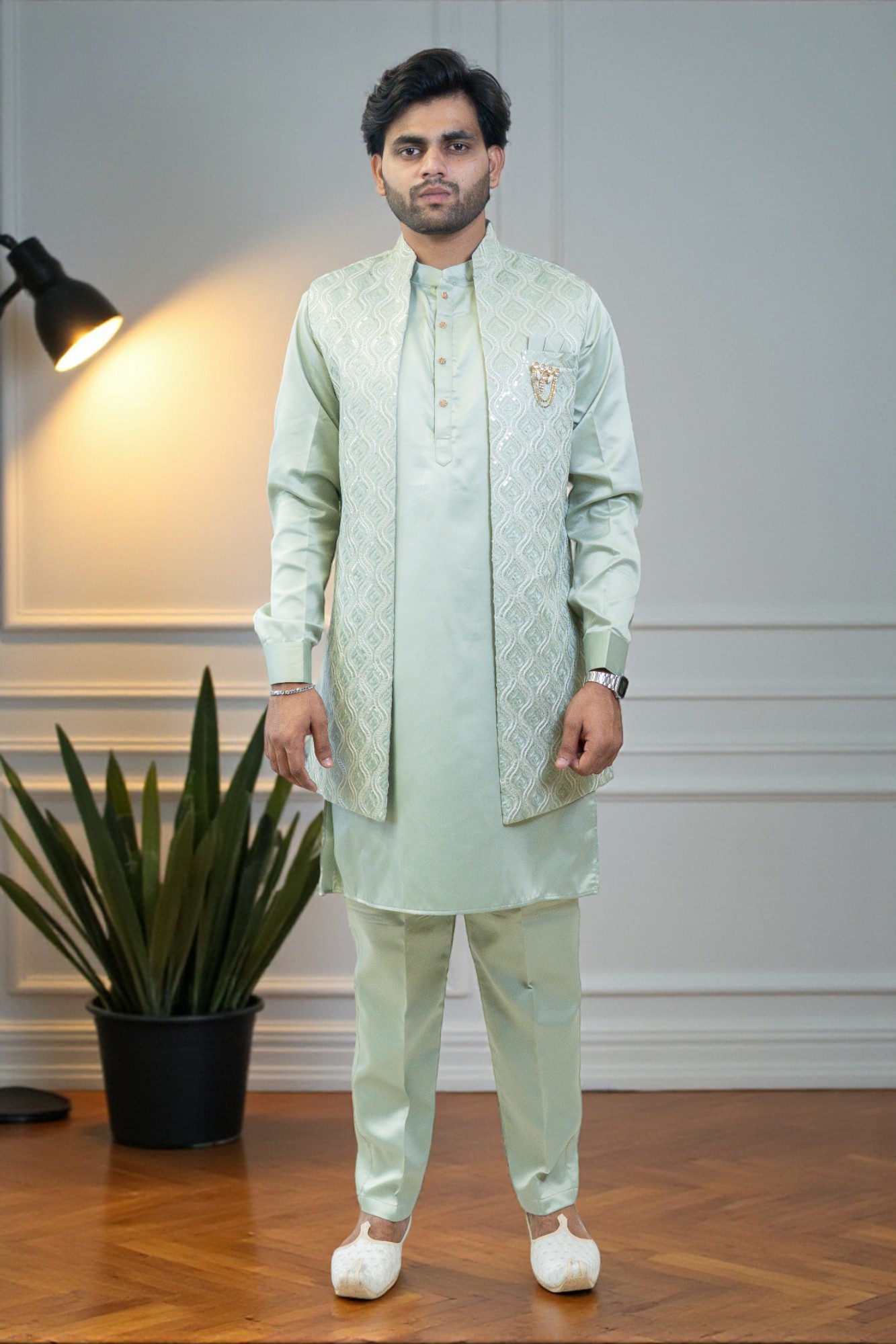 Pista Green Embroidered Kurta Pajama with Nehru Jacket – Stylish & Comfortable - Image 3