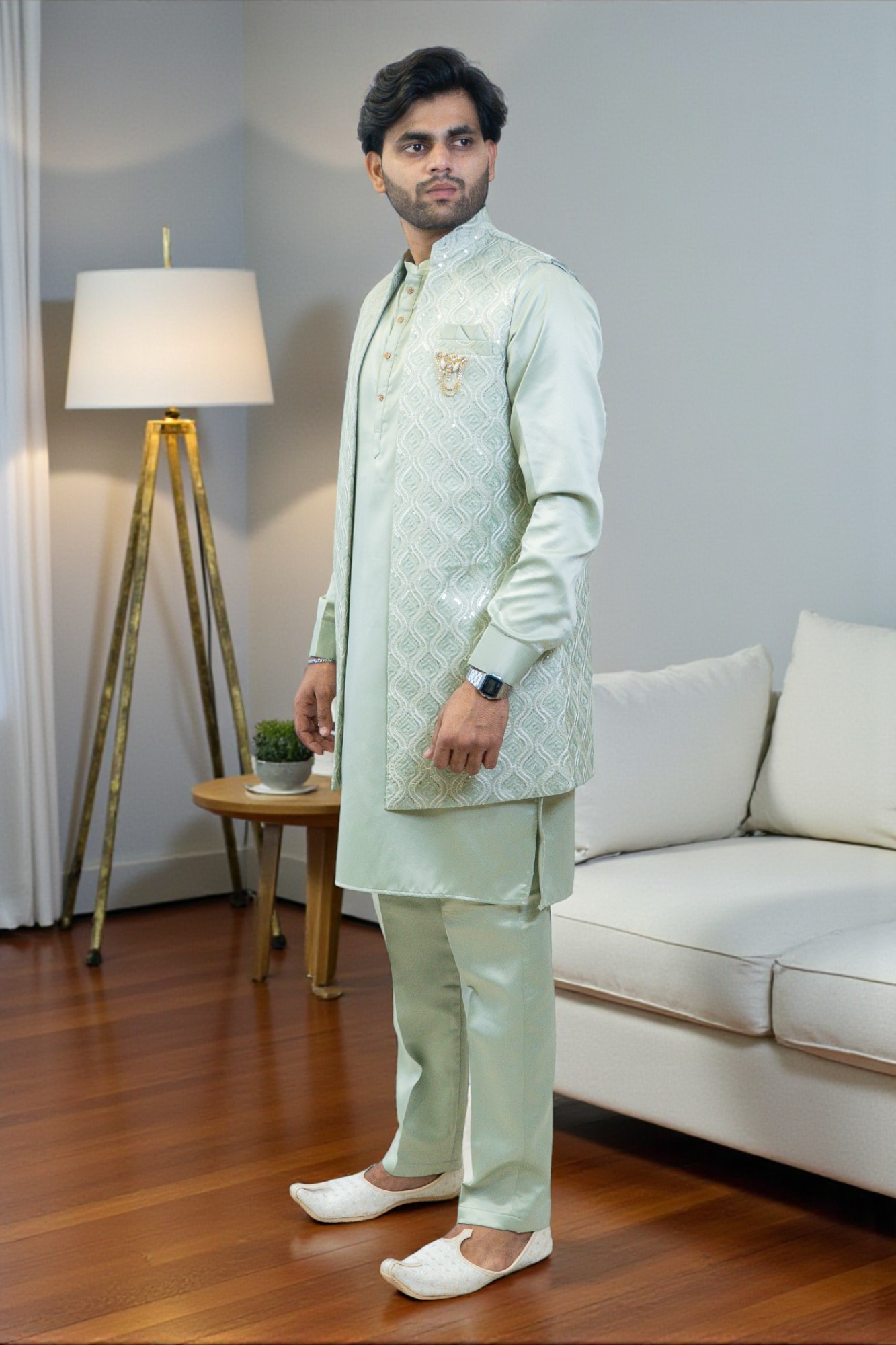 Pista Green Embroidered Kurta Pajama with Nehru Jacket – Stylish & Comfortable - Image 4