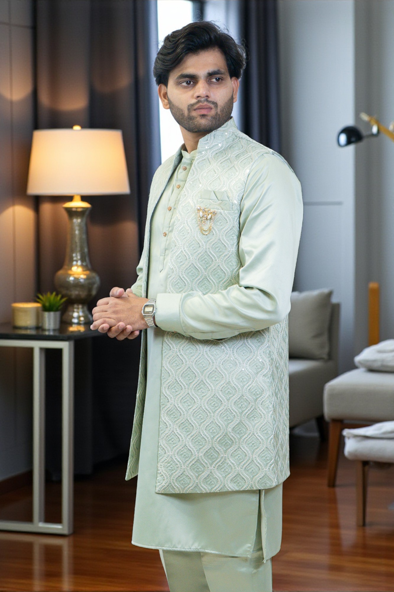 Pista Green Embroidered Kurta Pajama with Nehru Jacket – Stylish & Comfortable