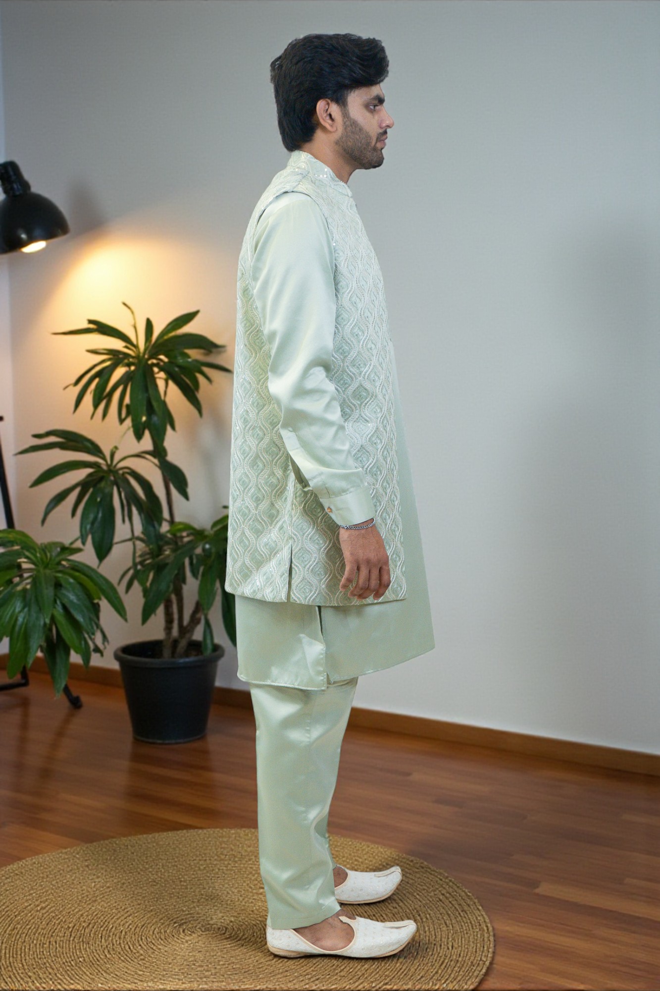 Pista Green Embroidered Kurta Pajama with Nehru Jacket – Stylish & Comfortable - Image 5