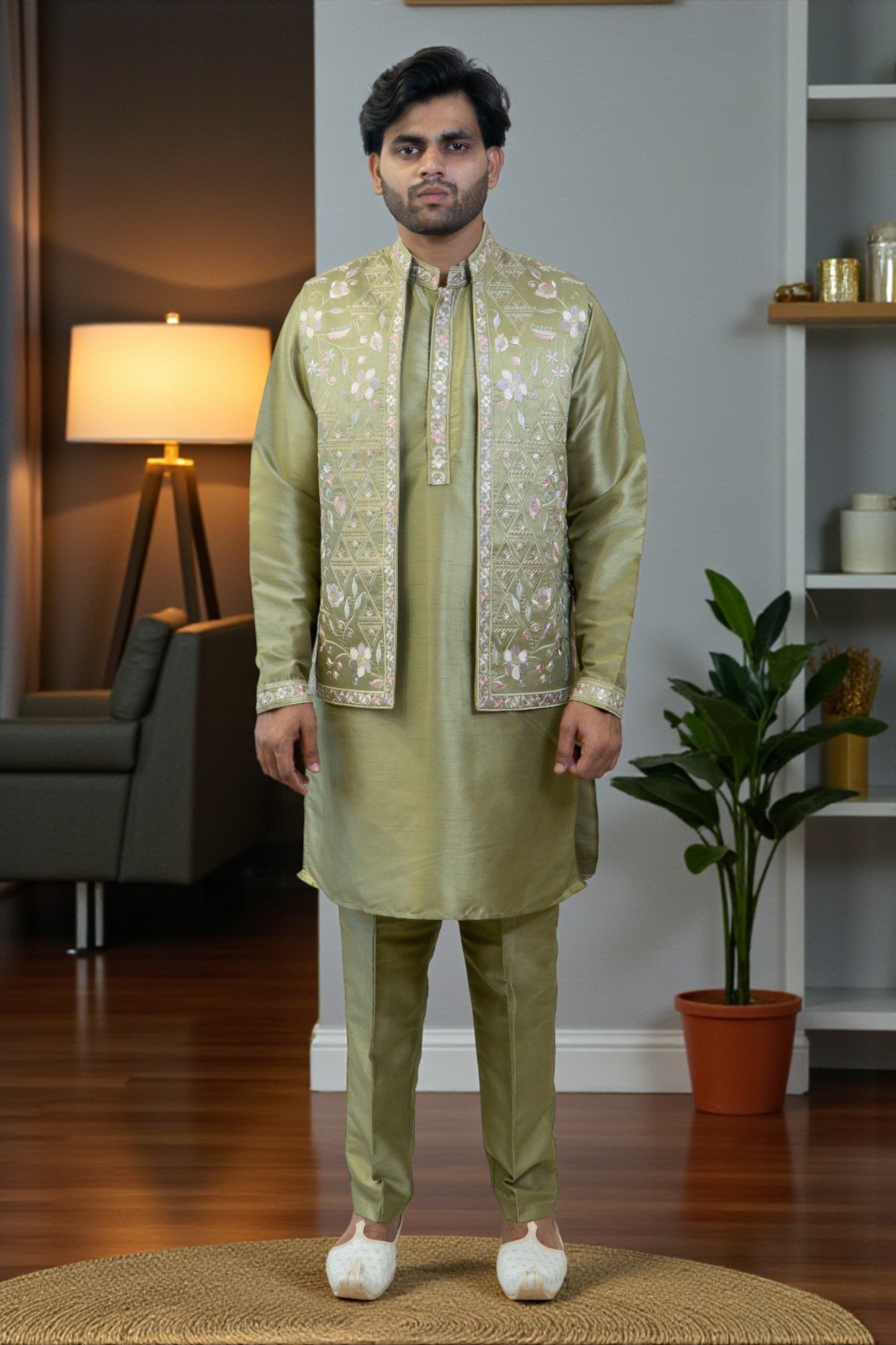 Mehandi Color Kurta Jacket Set for Men - Image 2