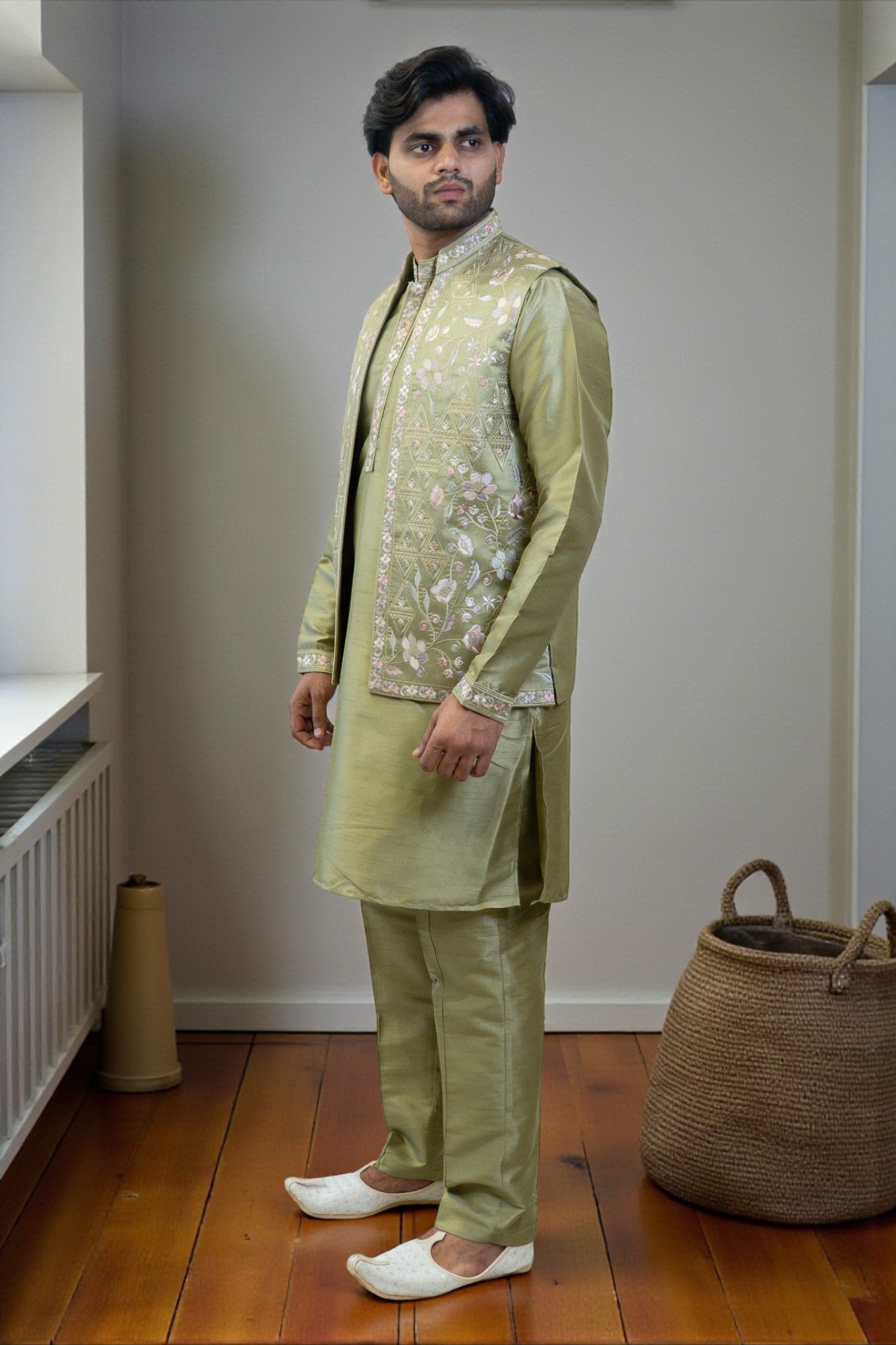 Mehandi Color Kurta Jacket Set for Men - Image 3