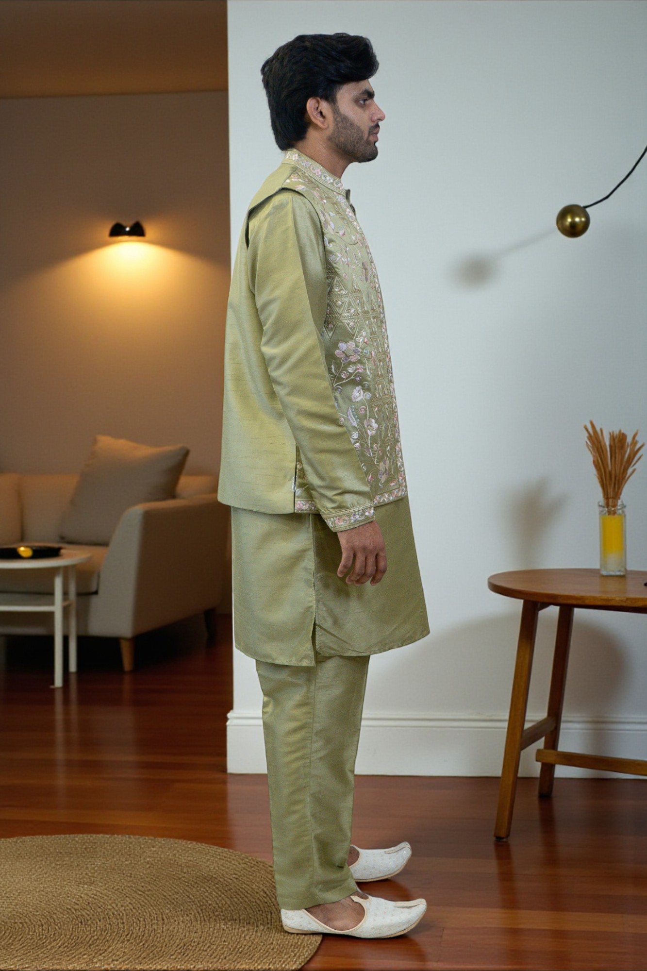 Mehandi Color Kurta Jacket Set for Men - Image 4