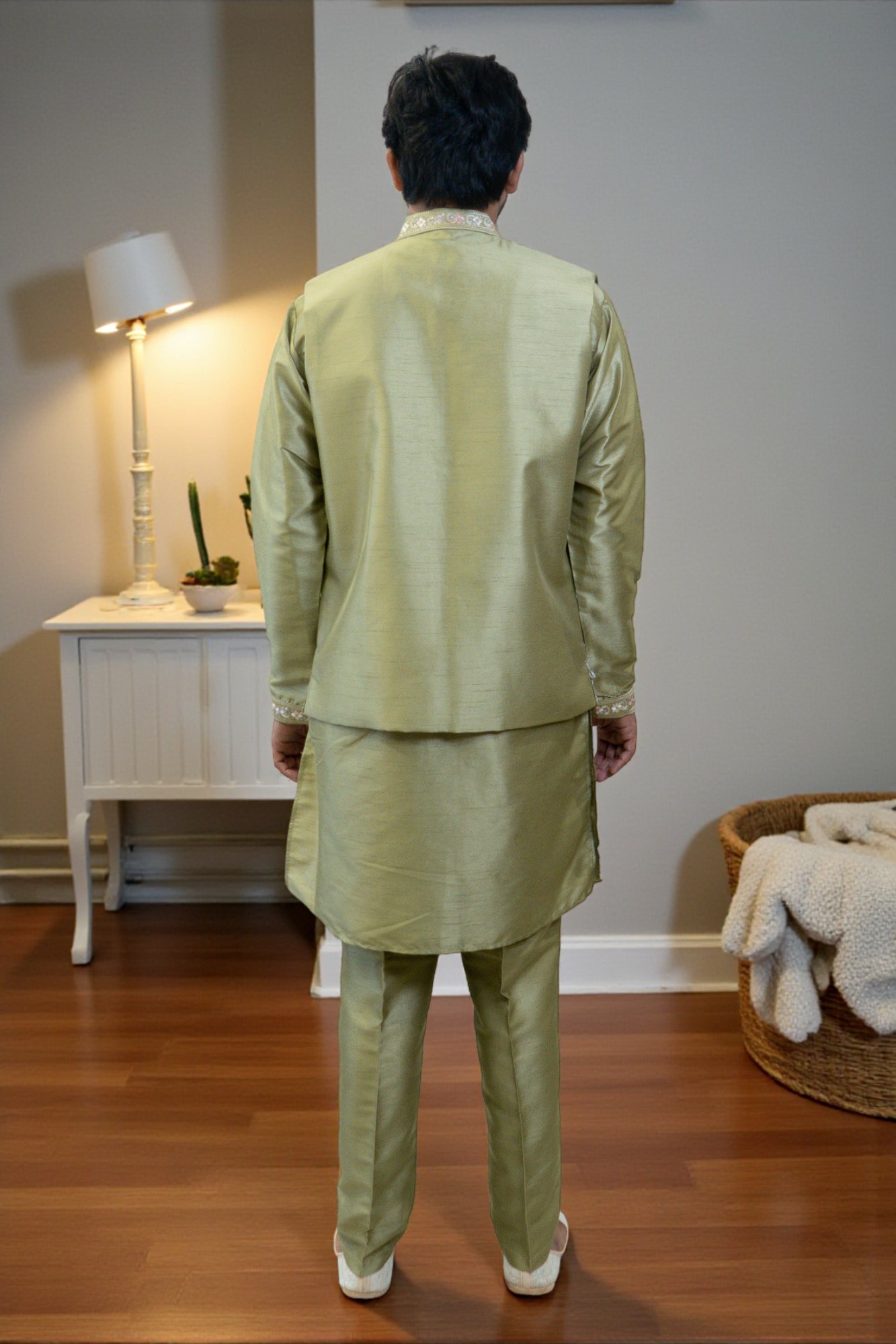 Mehandi Color Kurta Jacket Set for Men - Image 5