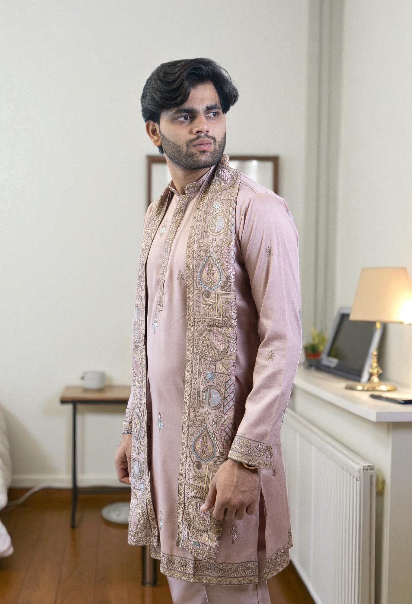 Light Onion Color Kurta Pajama with Full Stall Embroidery Work