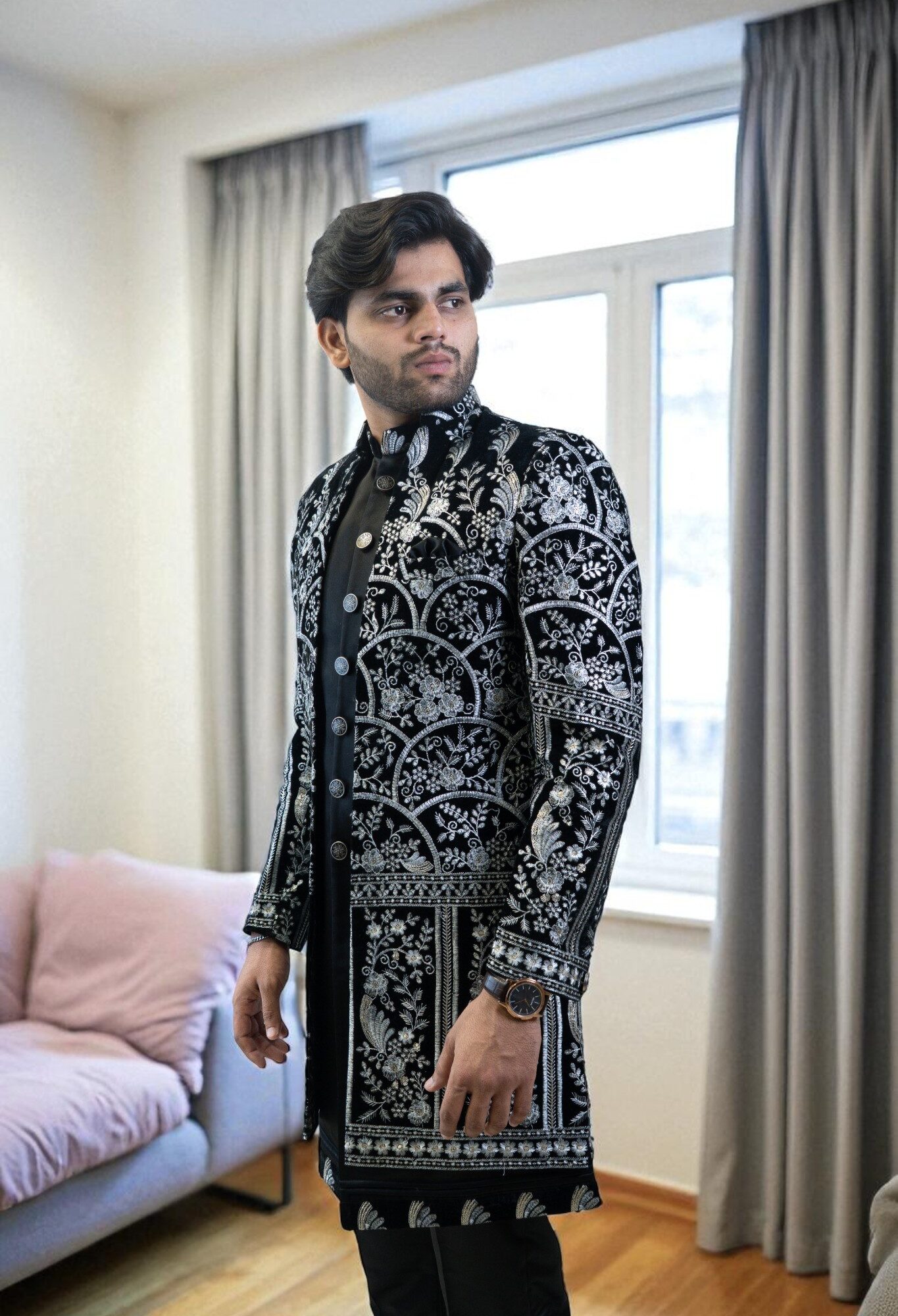 Black Indo Western Suit for Men – Silver Embroidery, Premium Suiting Fabric & Stylish Look
