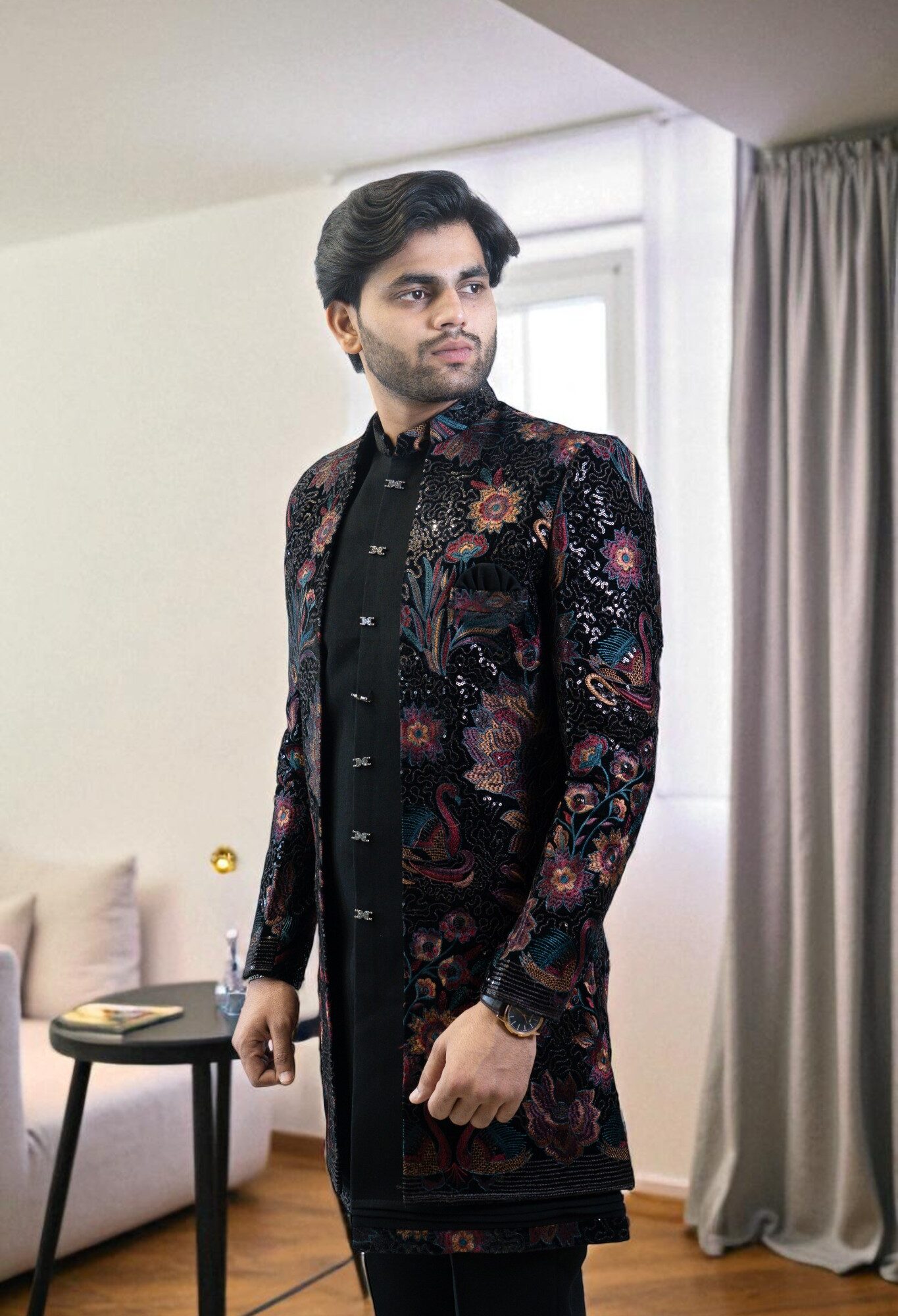 Multicolor Indo Western Suit for Men – Elegant Floral Embroidery with Matching Pant