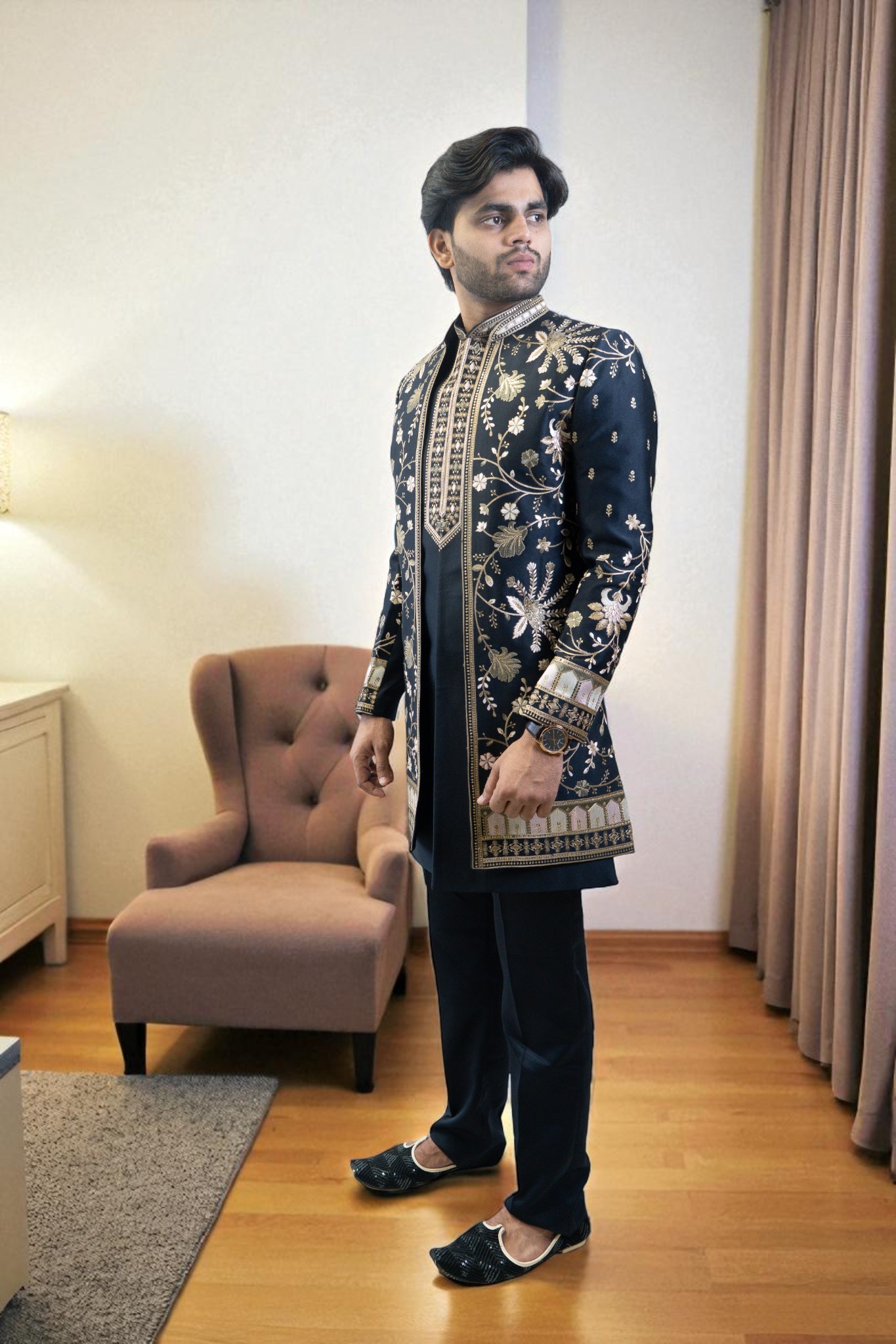 Multicolor Indo Western Suit for Men – Ambani Wedding Style, Floral Embroidery & Sharq Design - Image 3