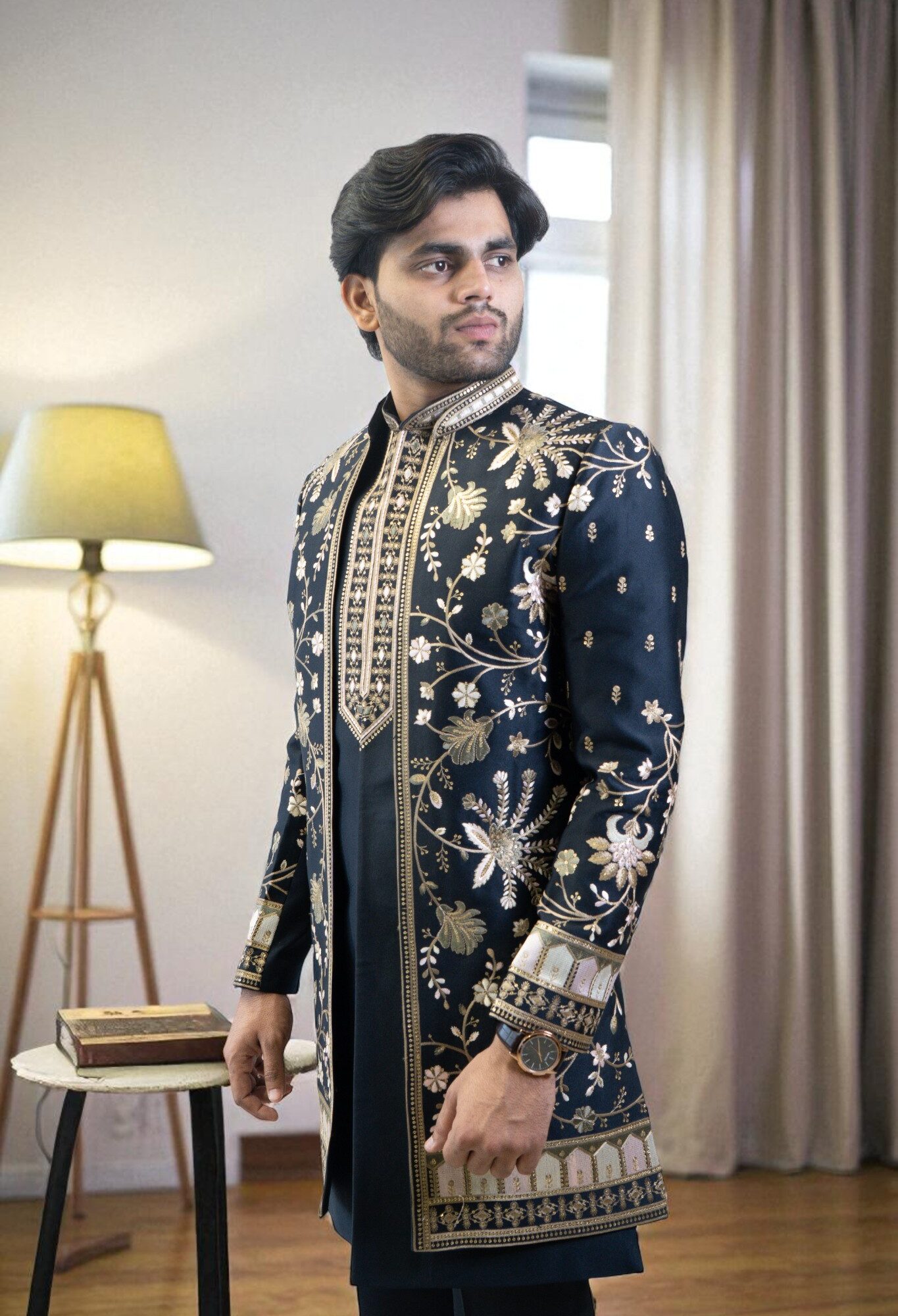 Multicolor Indo Western Suit for Men – Ambani Wedding Style, Floral Embroidery & Sharq Design