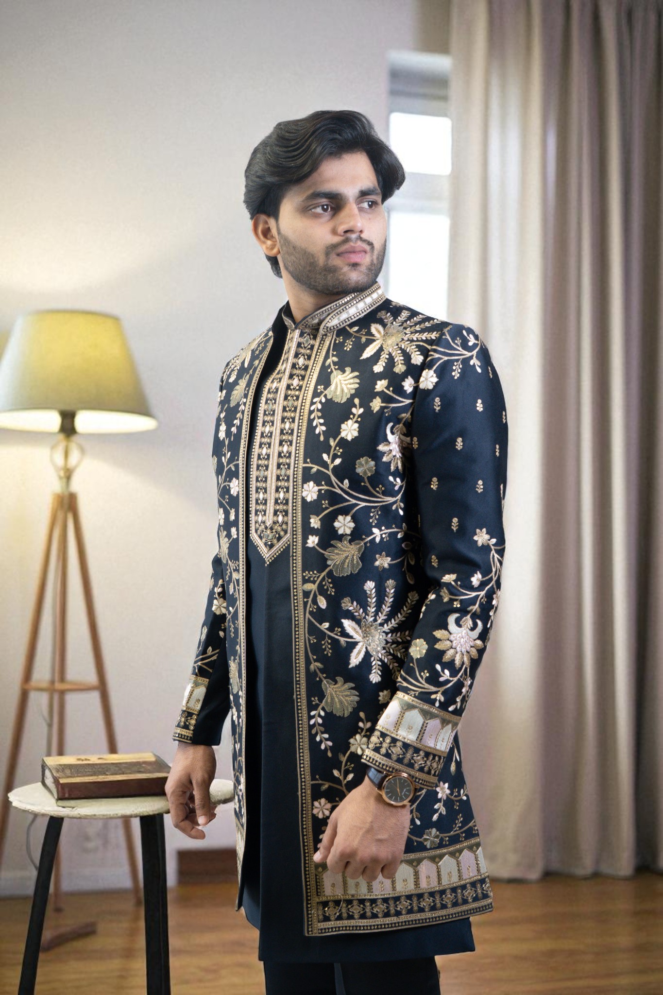 Multicolor Indo Western Suit for Men – Ambani Wedding Style, Floral Embroidery & Sharq Design