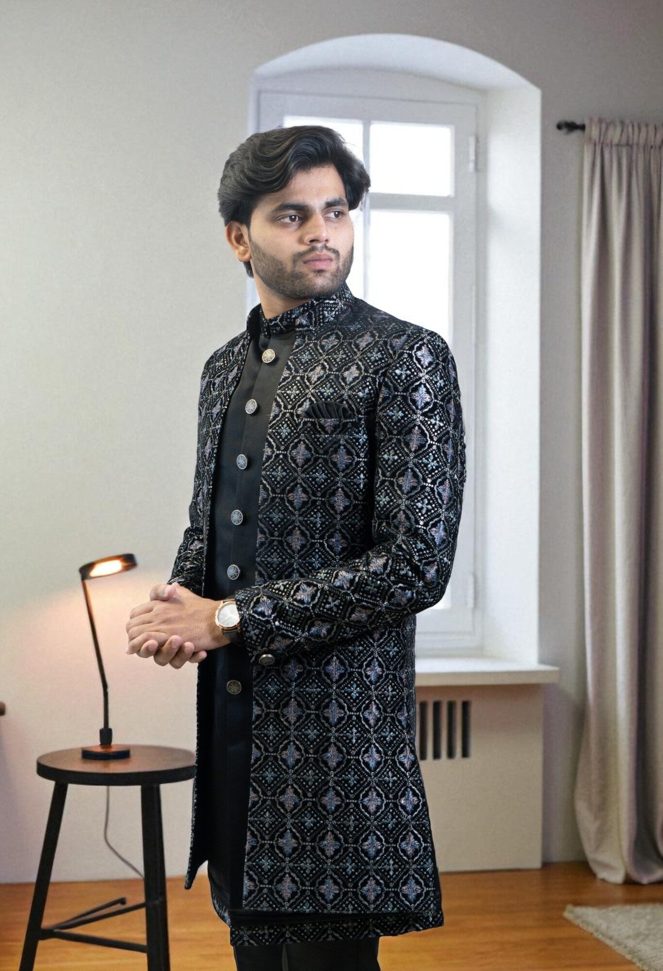 Ambani Wedding Style Indo Western Suit for Men – Thread Work & Box Work Embroidery