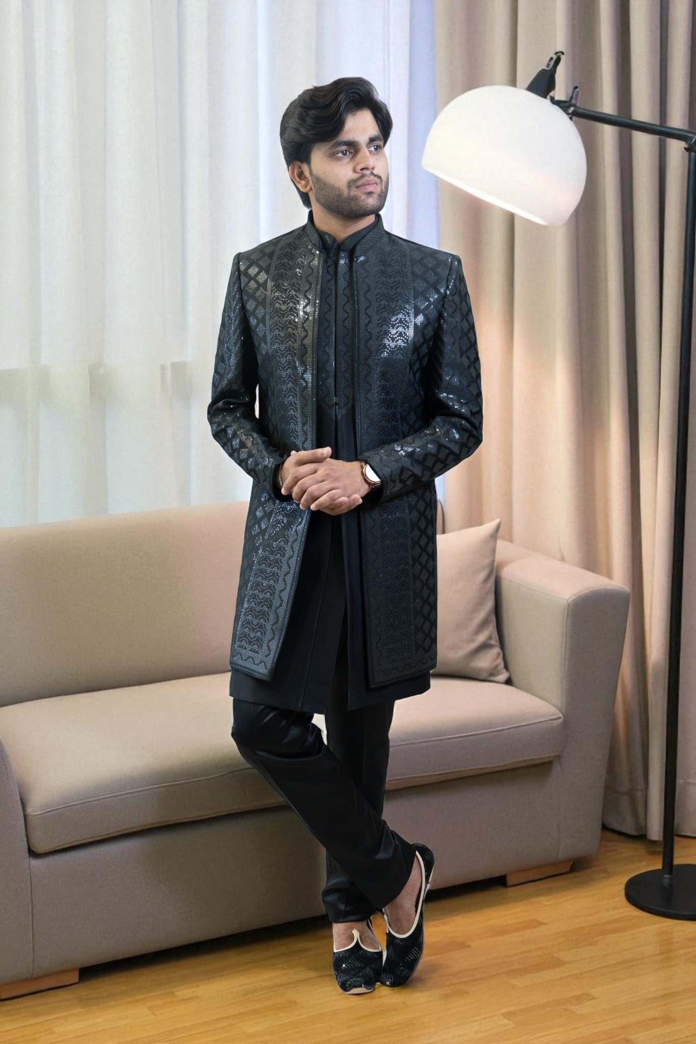 Black Indo Western Suit for Men – Full Heavy Sequin Work - Image 4