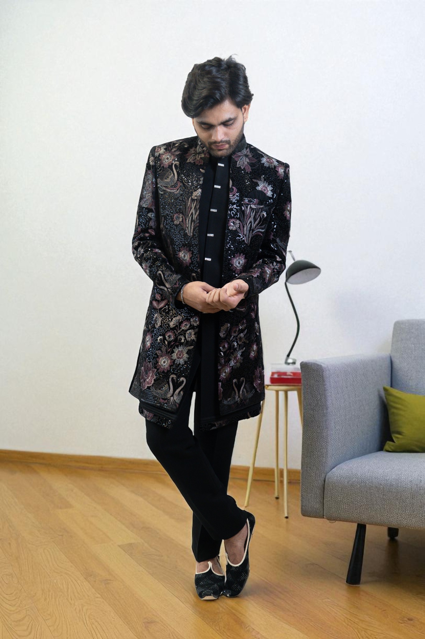 Black Indo Western Suit for Men – Ambani Style with Flower Embroidery in Premium Suiting Fabric - Image 2