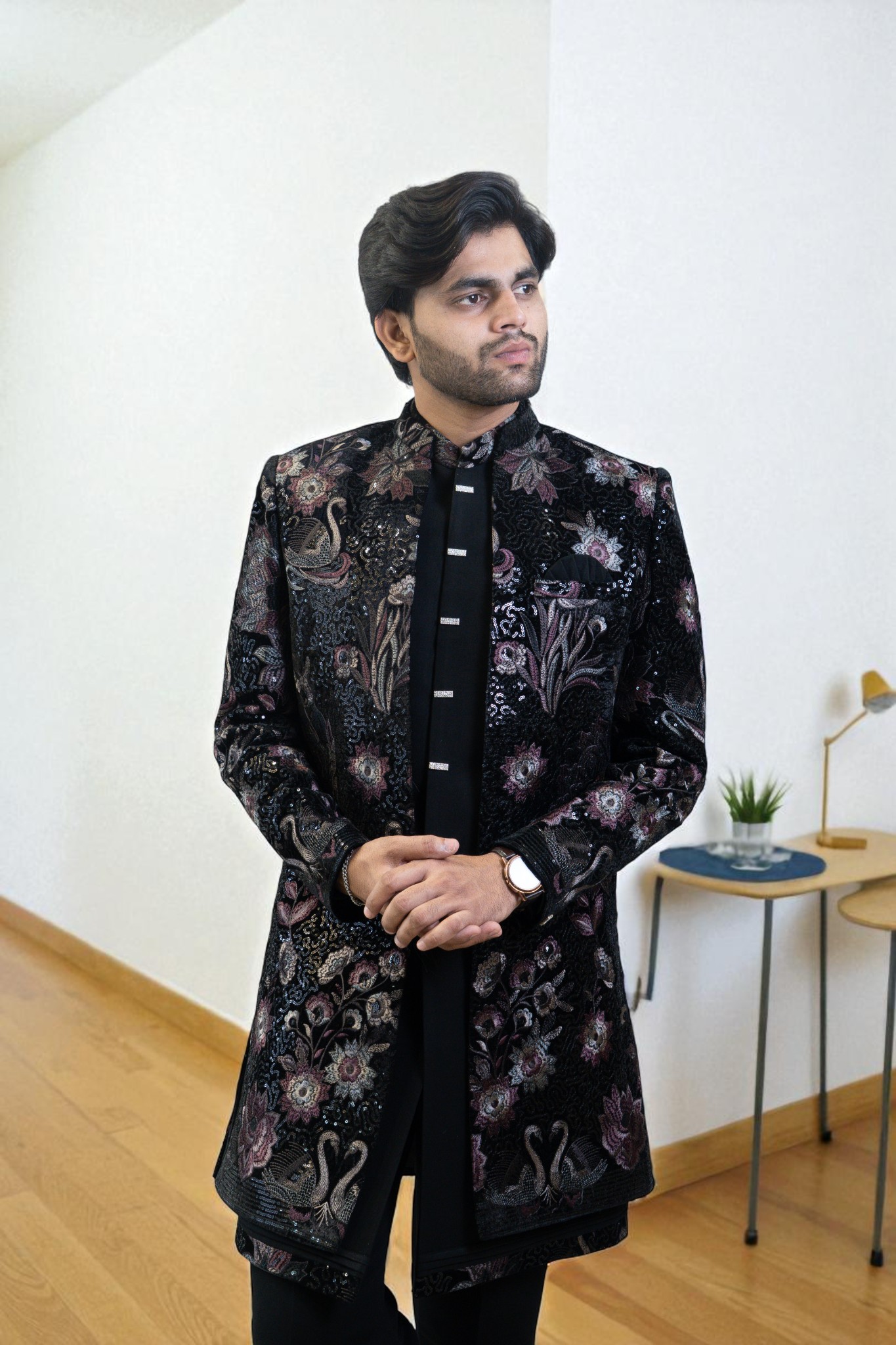 Black Indo Western Suit for Men – Ambani Style with Flower Embroidery in Premium Suiting Fabric