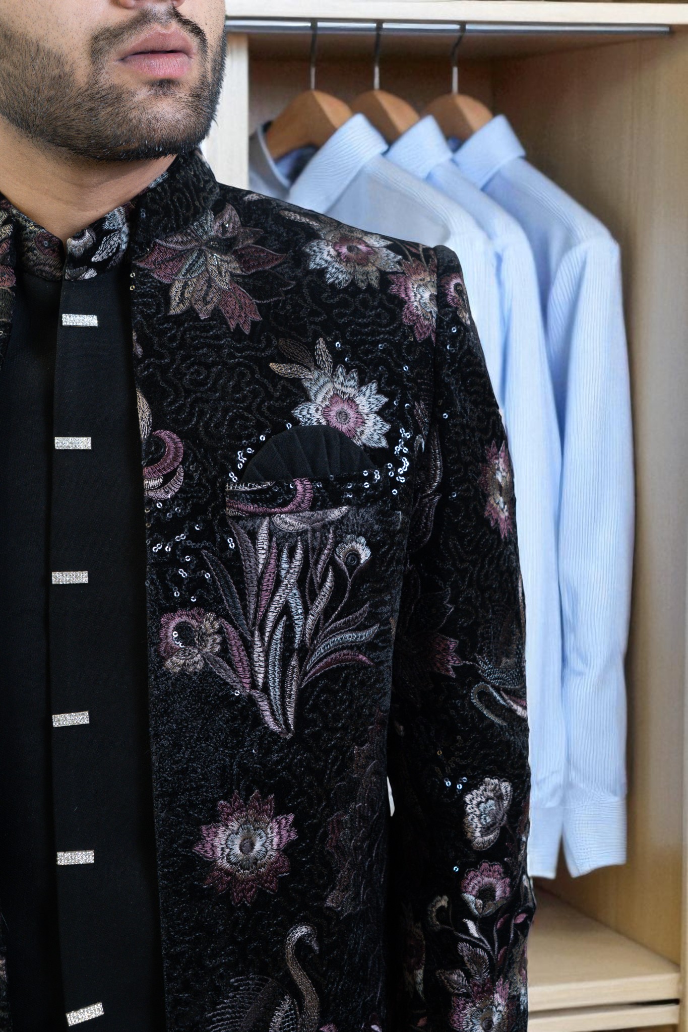Black Indo Western Suit for Men – Ambani Style with Flower Embroidery in Premium Suiting Fabric - Image 3