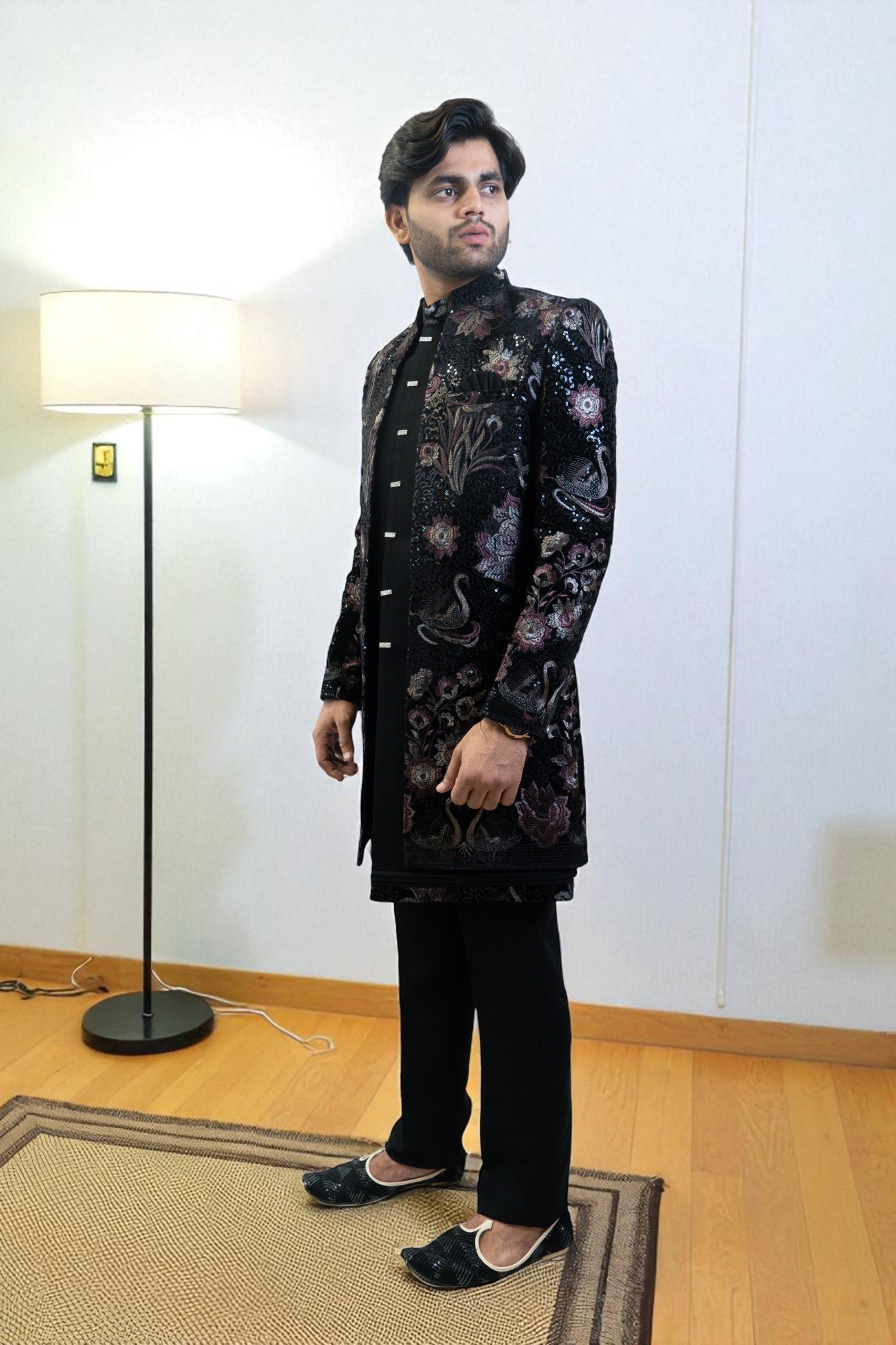 Black Indo Western Suit for Men – Ambani Style with Flower Embroidery in Premium Suiting Fabric - Image 5