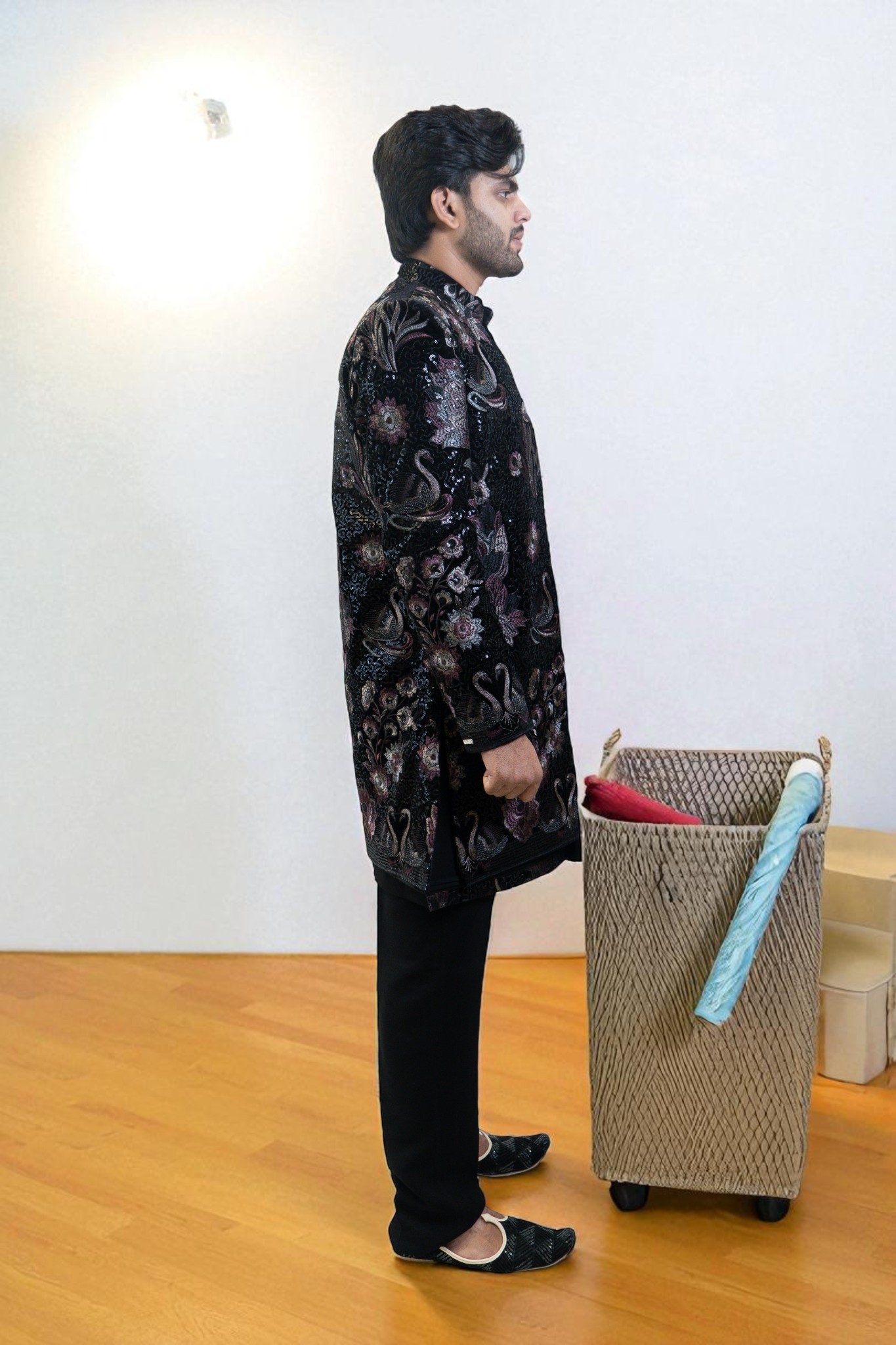 Black Indo Western Suit for Men – Ambani Style with Flower Embroidery in Premium Suiting Fabric - Image 6