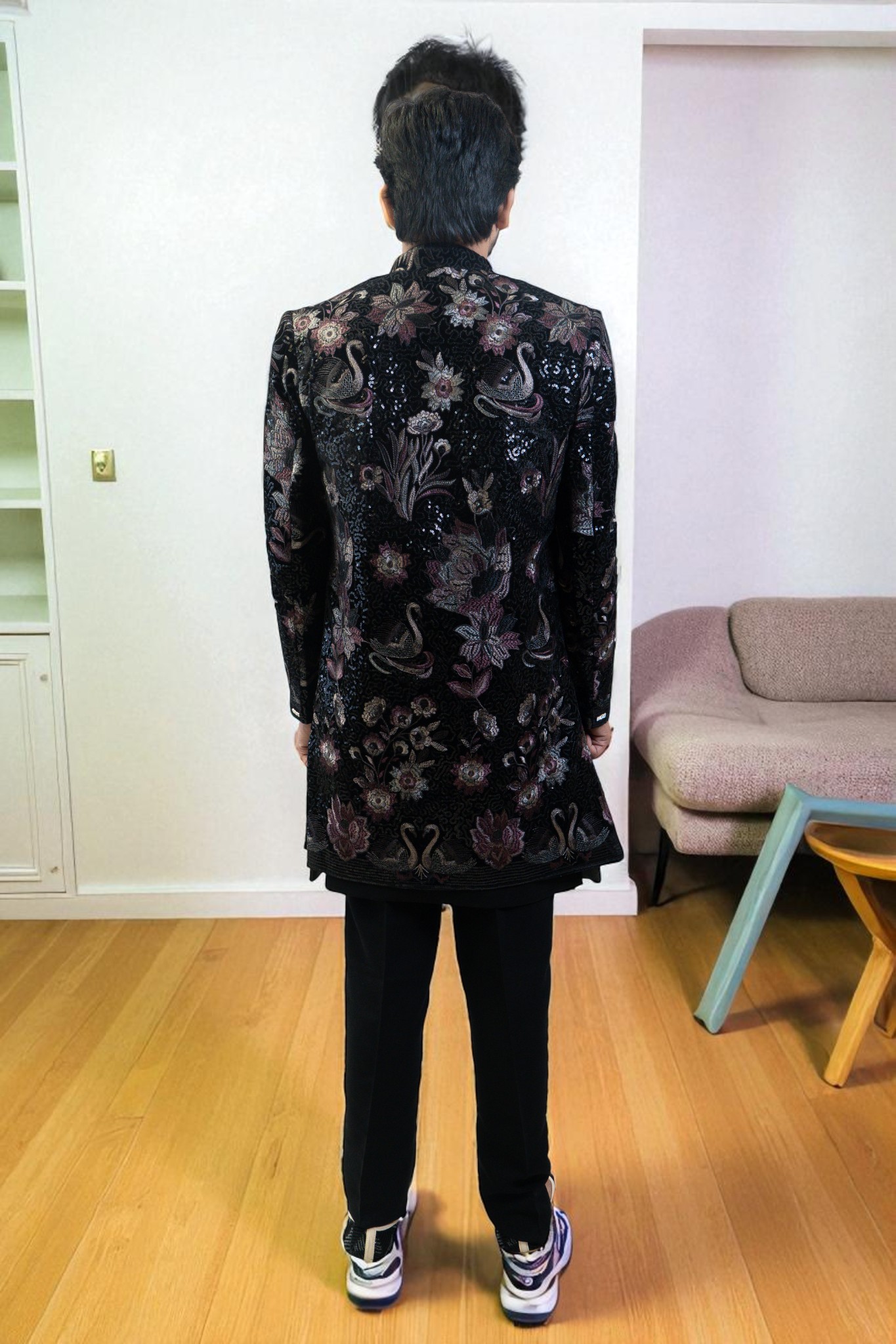 Black Indo Western Suit for Men – Ambani Style with Flower Embroidery in Premium Suiting Fabric - Image 7