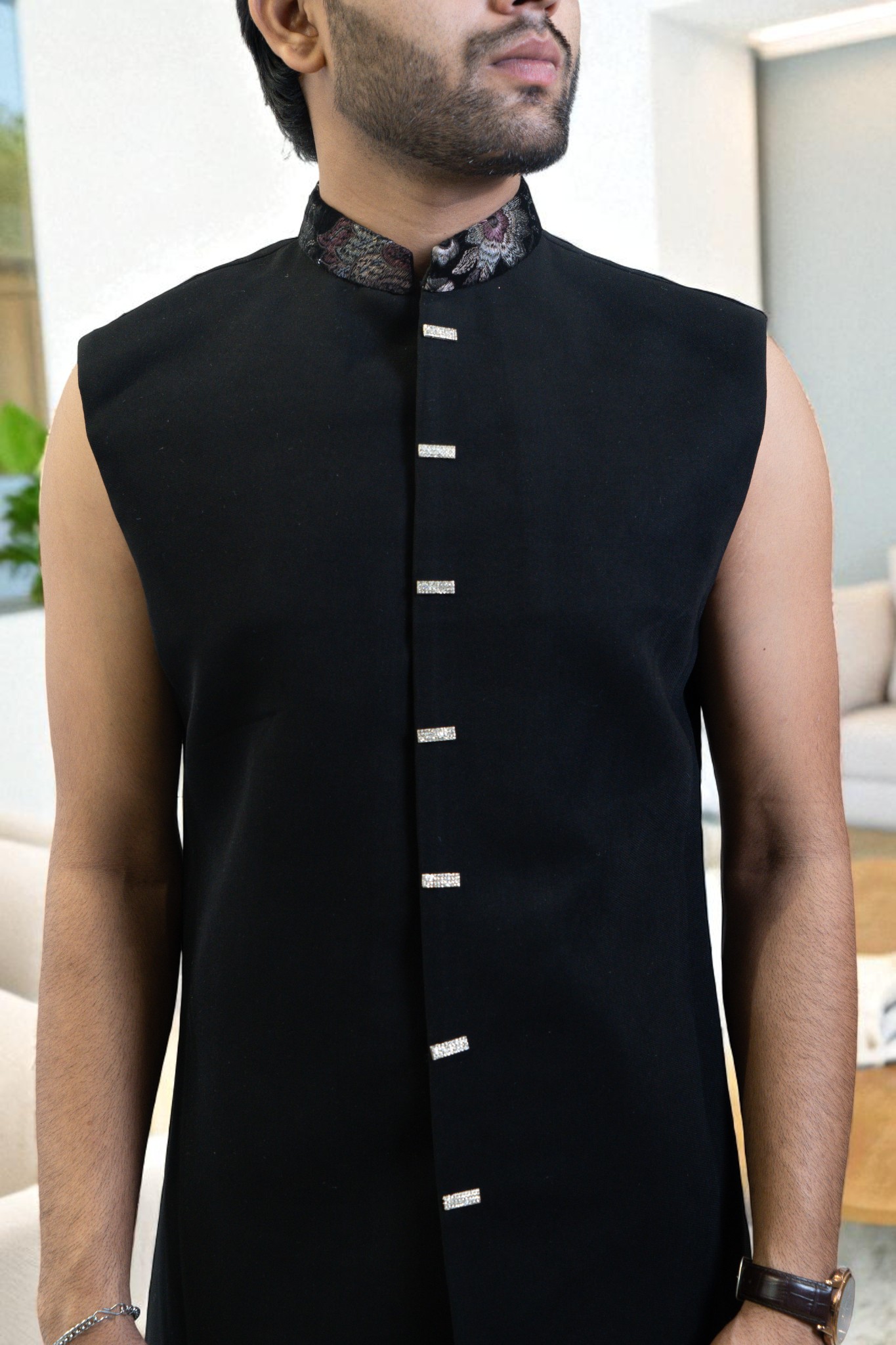 Black Indo Western Suit for Men – Ambani Style with Flower Embroidery in Premium Suiting Fabric - Image 4