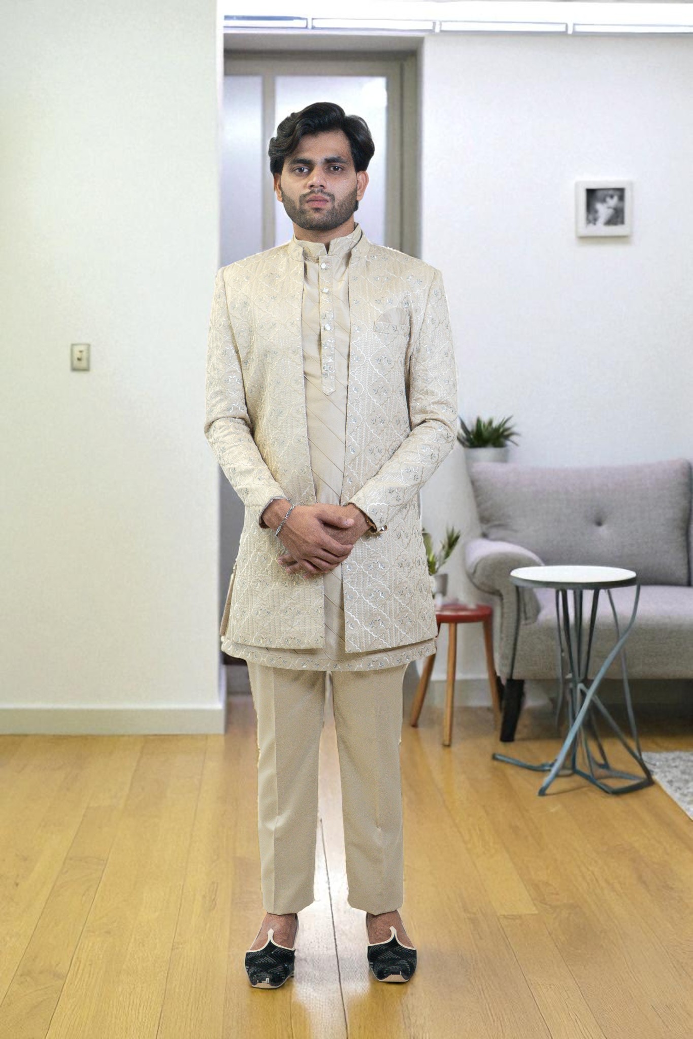 Golden Indo Western Suit for Men – Elegant Patti Thread Work in Premium Suiting Fabric - Image 2