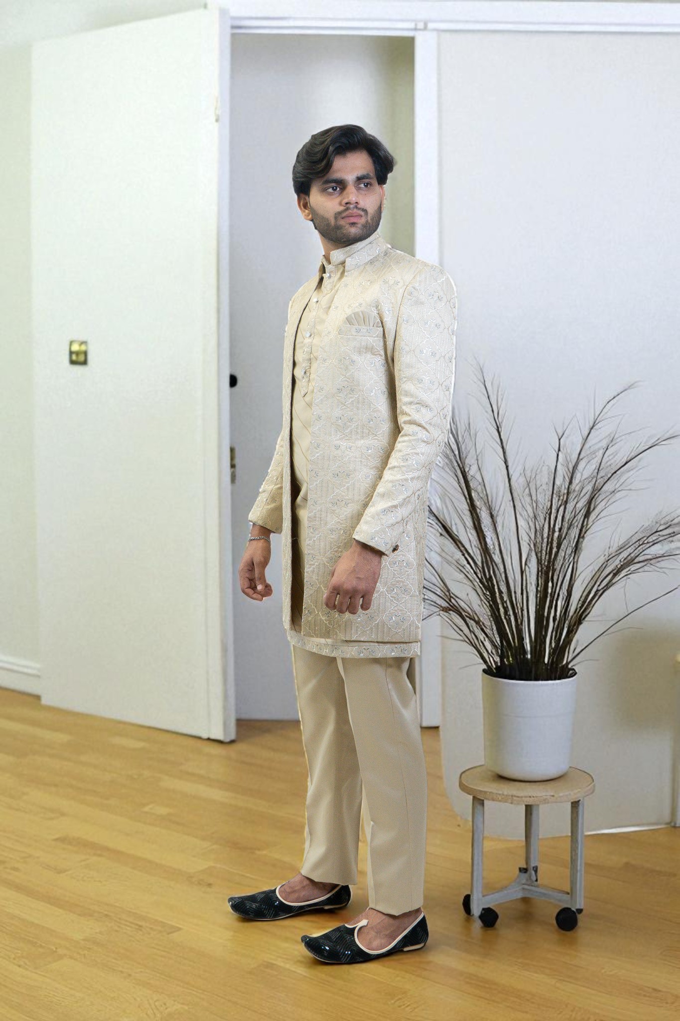 Golden Indo Western Suit for Men – Elegant Patti Thread Work in Premium Suiting Fabric - Image 5