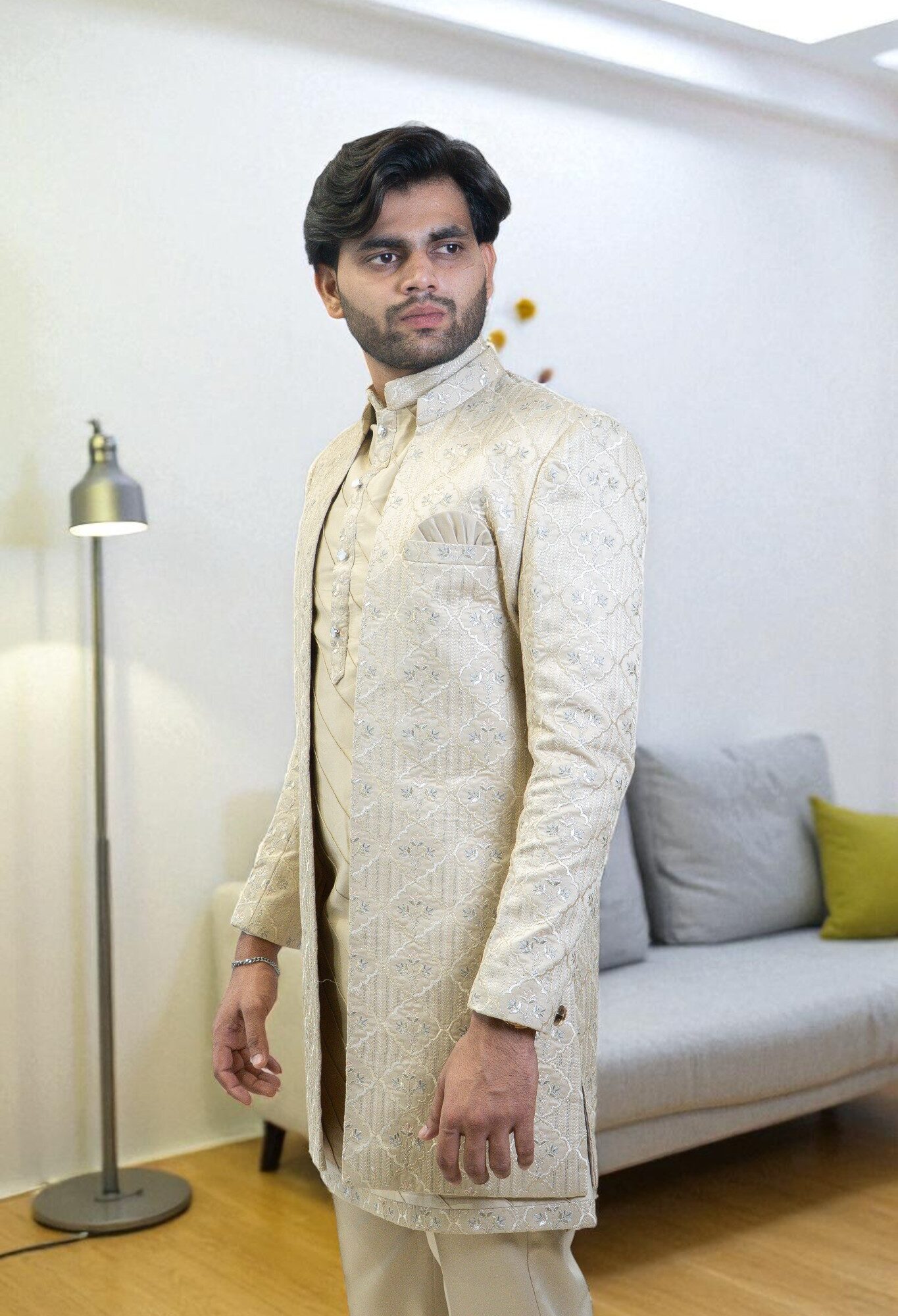 Golden Indo Western Suit for Men – Elegant Patti Thread Work in Premium Suiting Fabric
