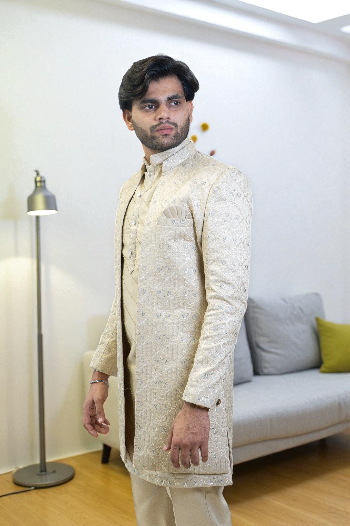 Golden Indo Western Suit for Men – Elegant Patti Thread Work in Premium Suiting Fabric