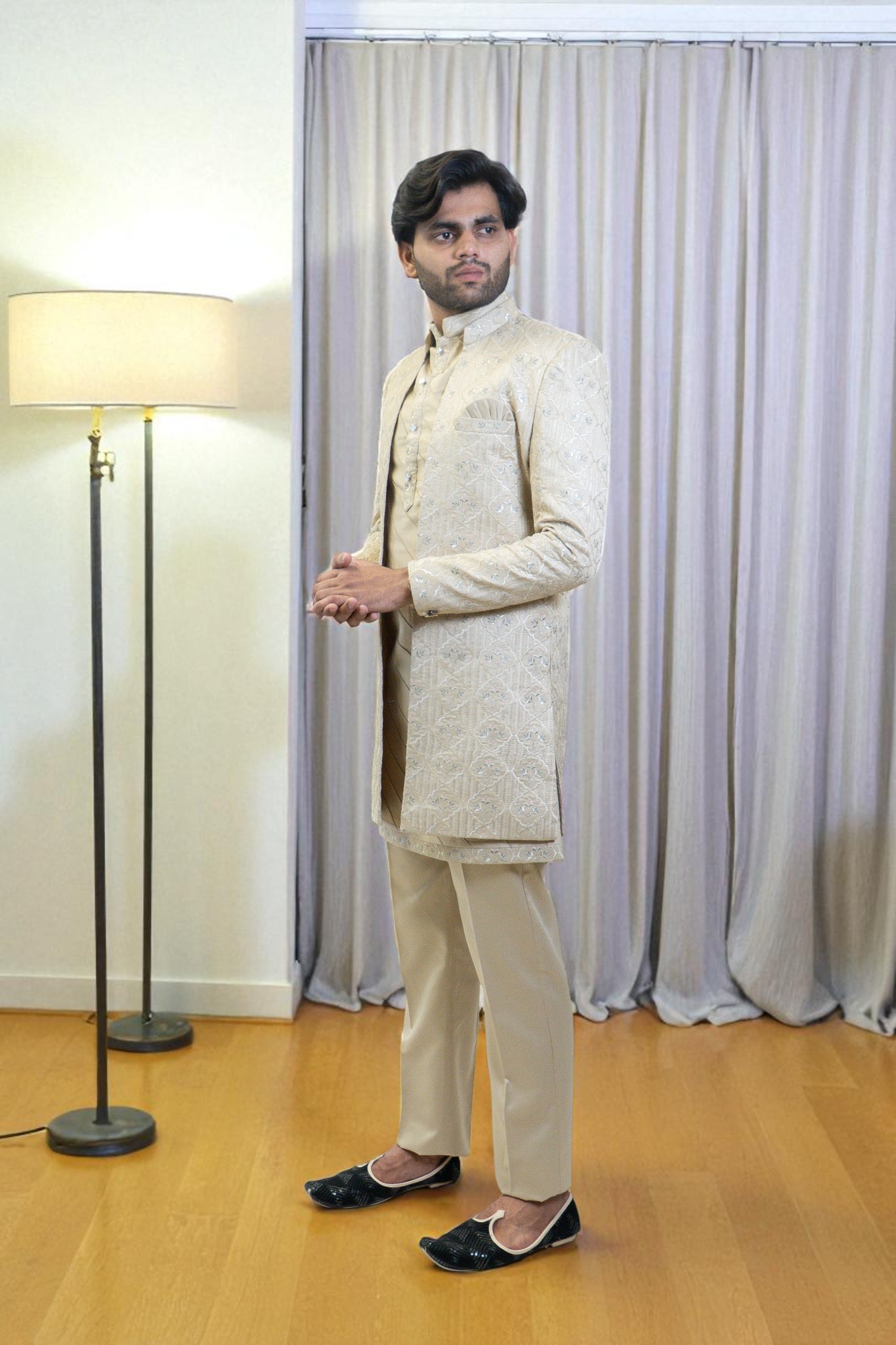 Golden Indo Western Suit for Men – Elegant Patti Thread Work in Premium Suiting Fabric - Image 3