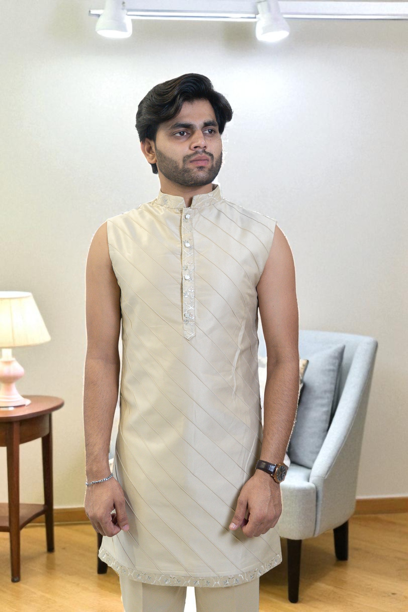 Golden Indo Western Suit for Men – Elegant Patti Thread Work in Premium Suiting Fabric - Image 4