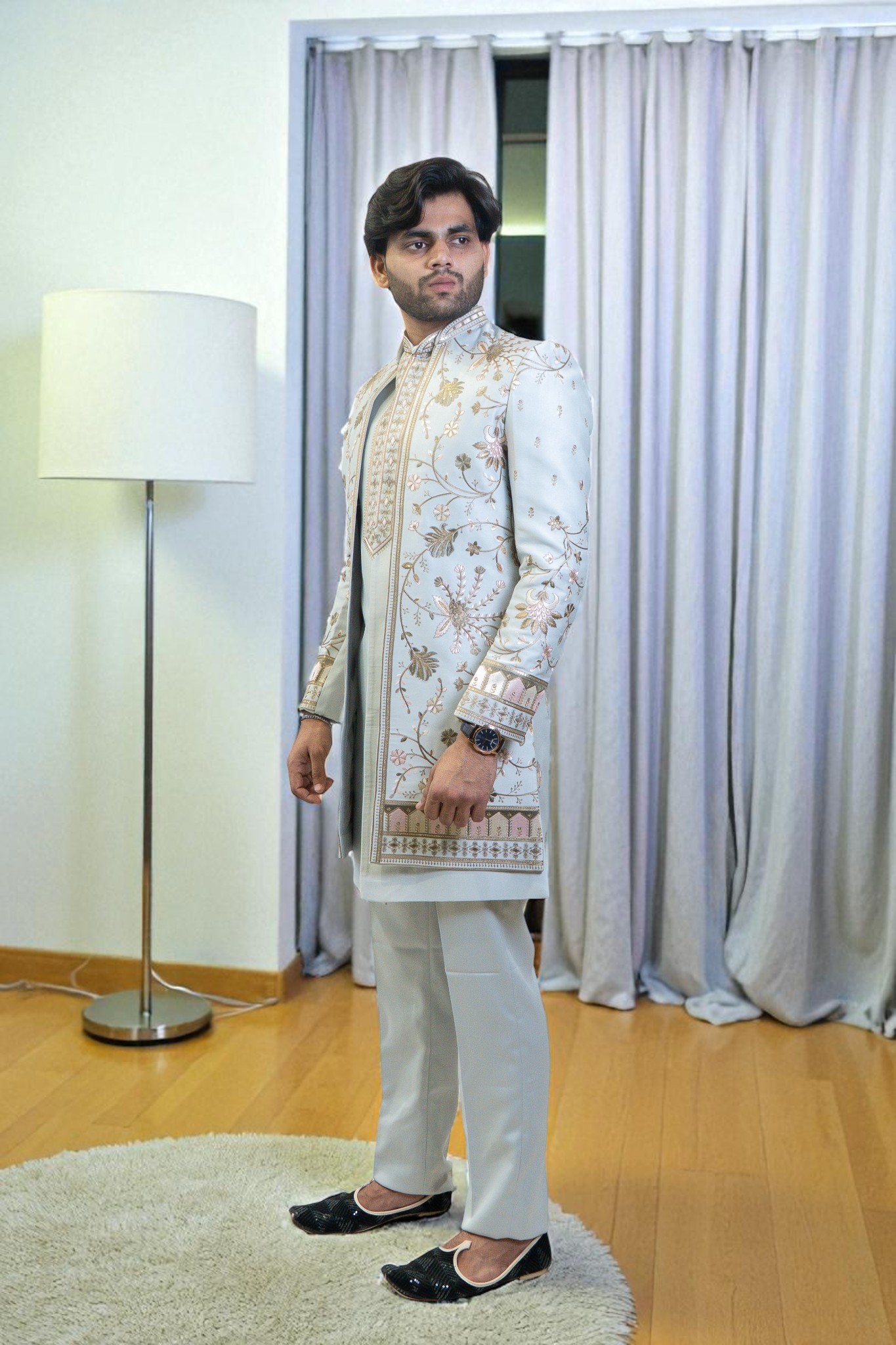 Sky Blue Indo Western Suit for Men – Ambani Wedding Style with Multicolor Flower Embroidery - Image 2