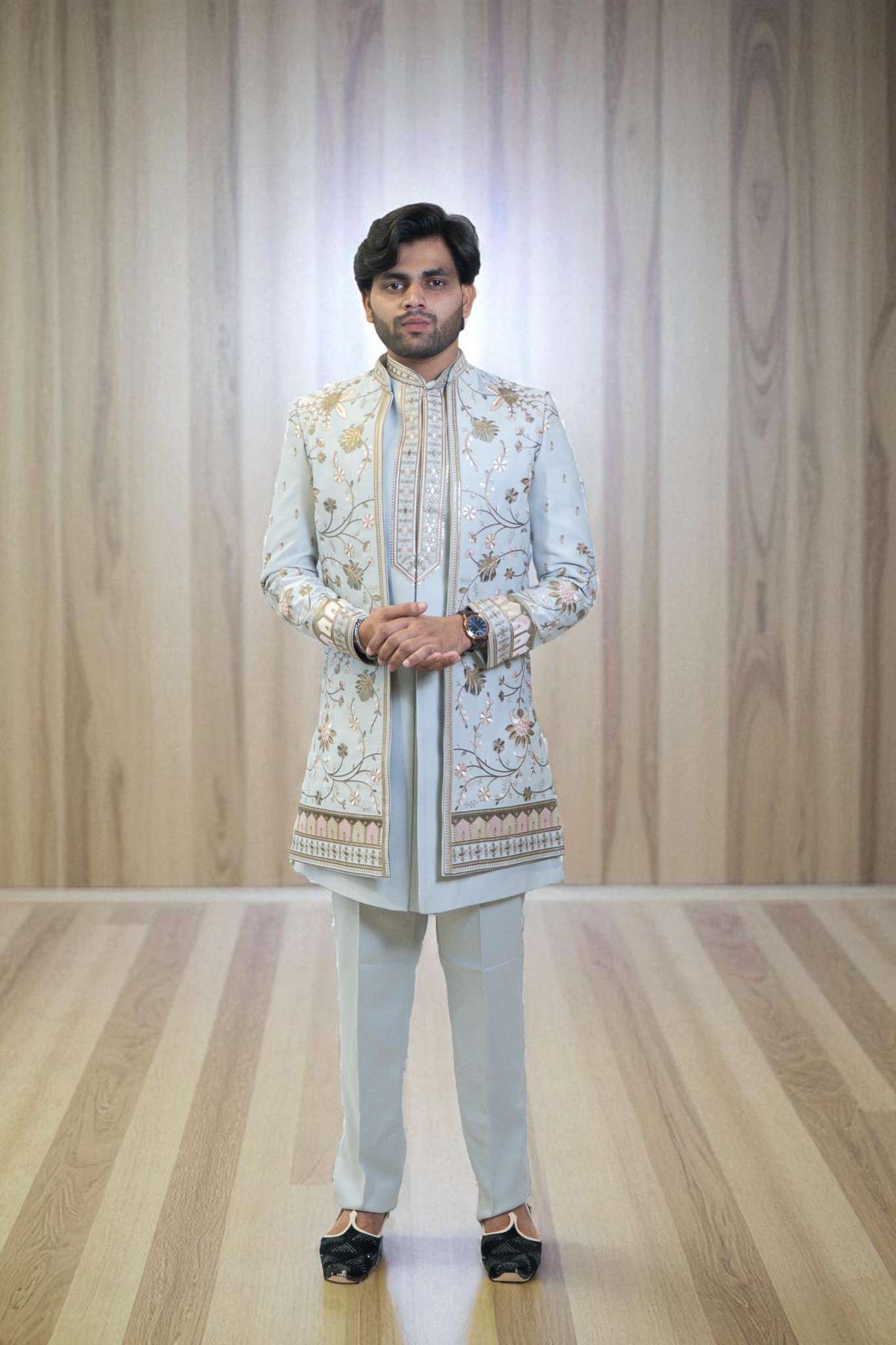 Sky Blue Indo Western Suit for Men – Ambani Wedding Style with Multicolor Flower Embroidery - Image 3