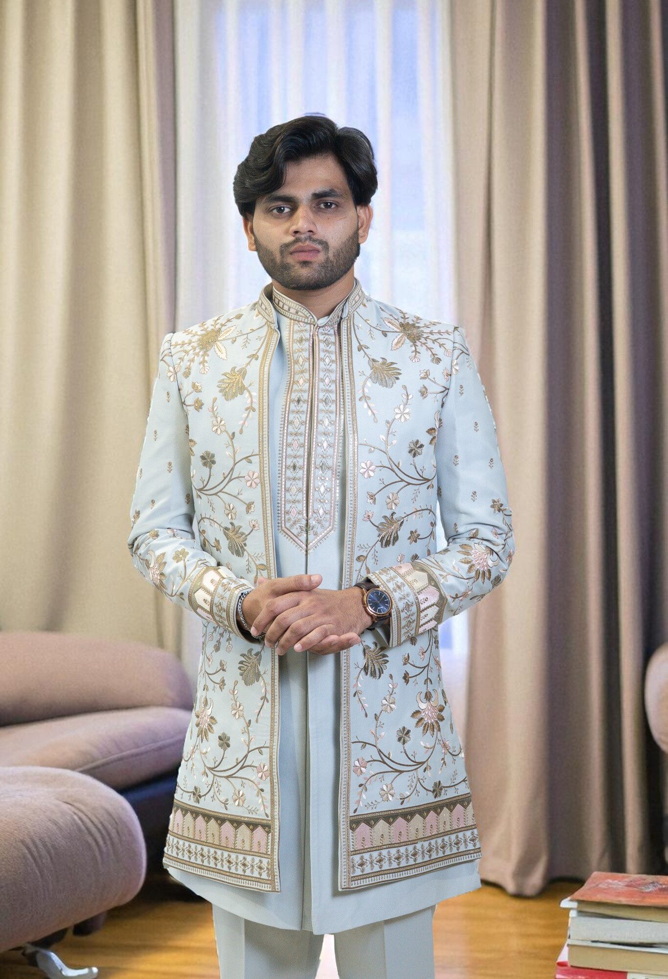 Sky Blue Indo Western Suit for Men – Ambani Wedding Style with Multicolor Flower Embroidery