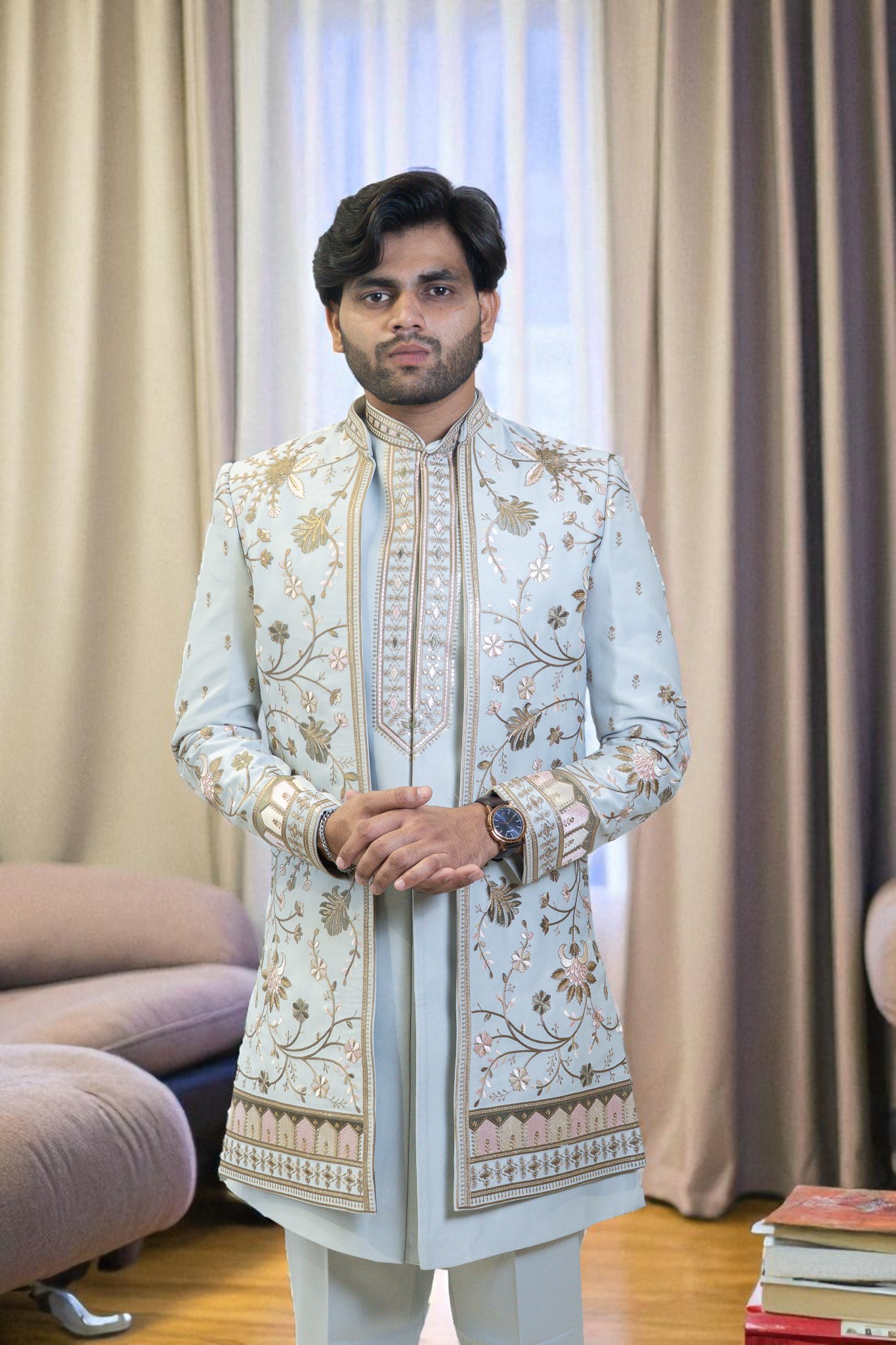 Sky Blue Indo Western Suit for Men – Ambani Wedding Style with Multicolor Flower Embroidery