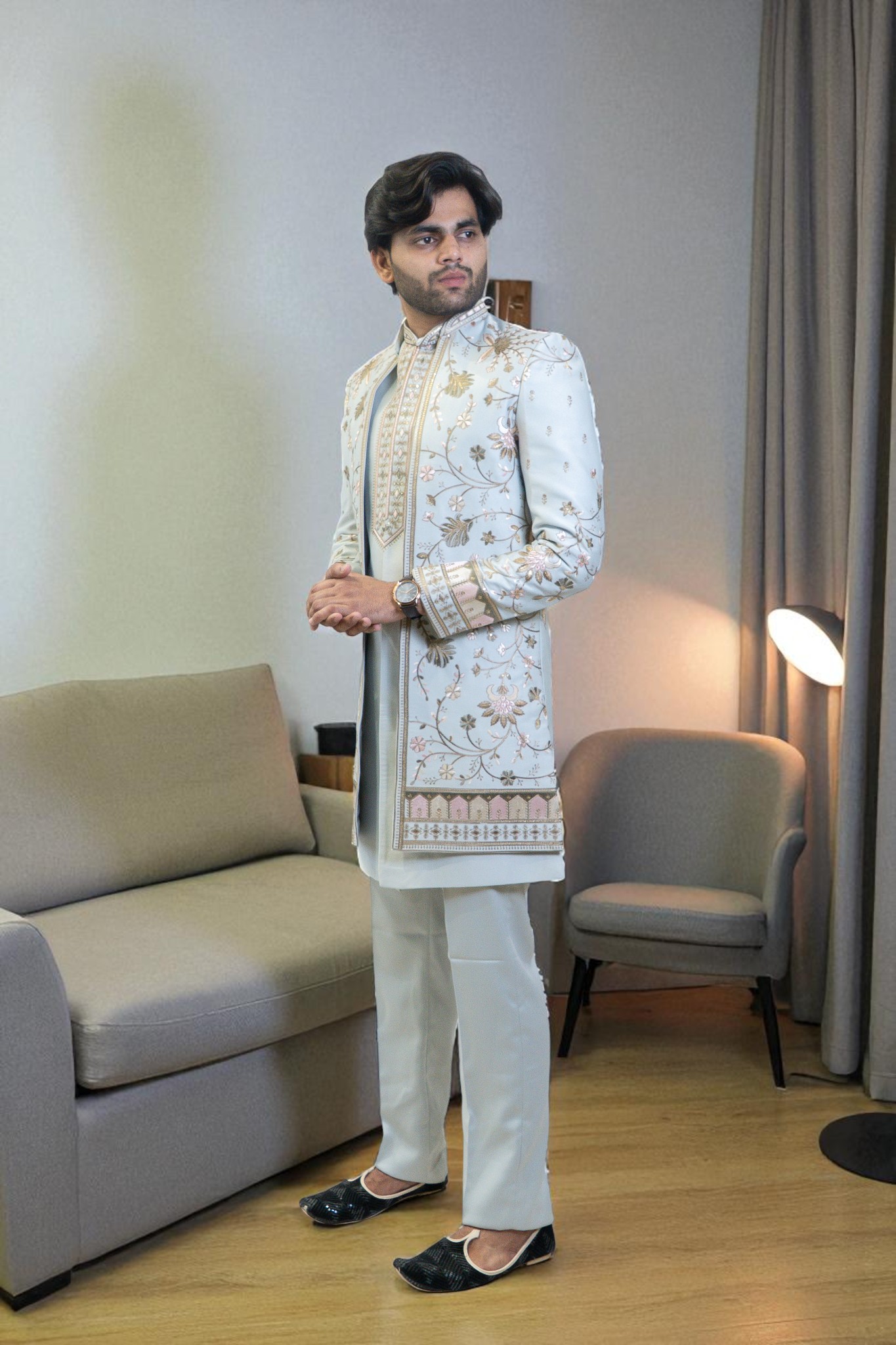 Sky Blue Indo Western Suit for Men – Ambani Wedding Style with Multicolor Flower Embroidery - Image 4