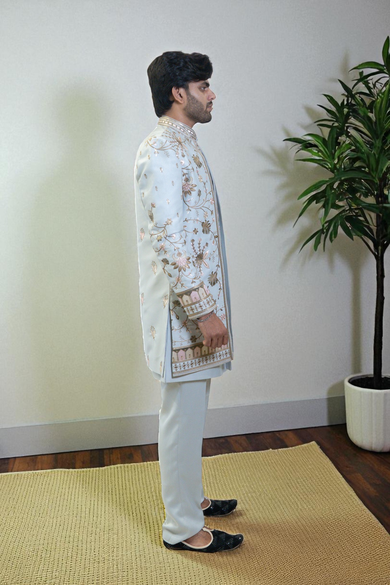 Sky Blue Indo Western Suit for Men – Ambani Wedding Style with Multicolor Flower Embroidery - Image 5