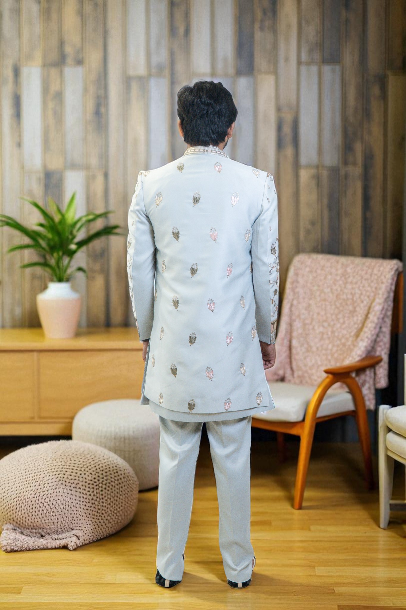 Sky Blue Indo Western Suit for Men – Ambani Wedding Style with Multicolor Flower Embroidery - Image 6
